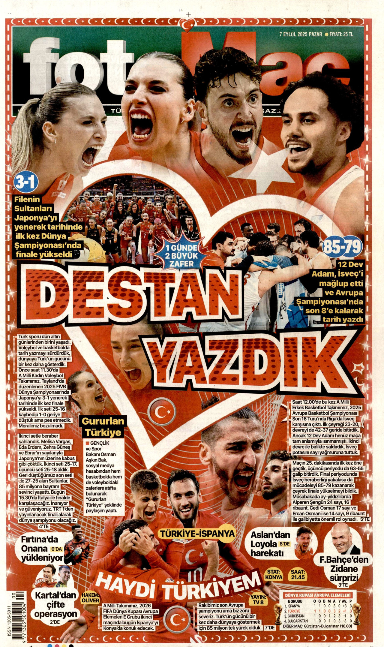 FOTOMAÇ gazetesinin 7 Eylül 2025 tarihli birinci sayfası