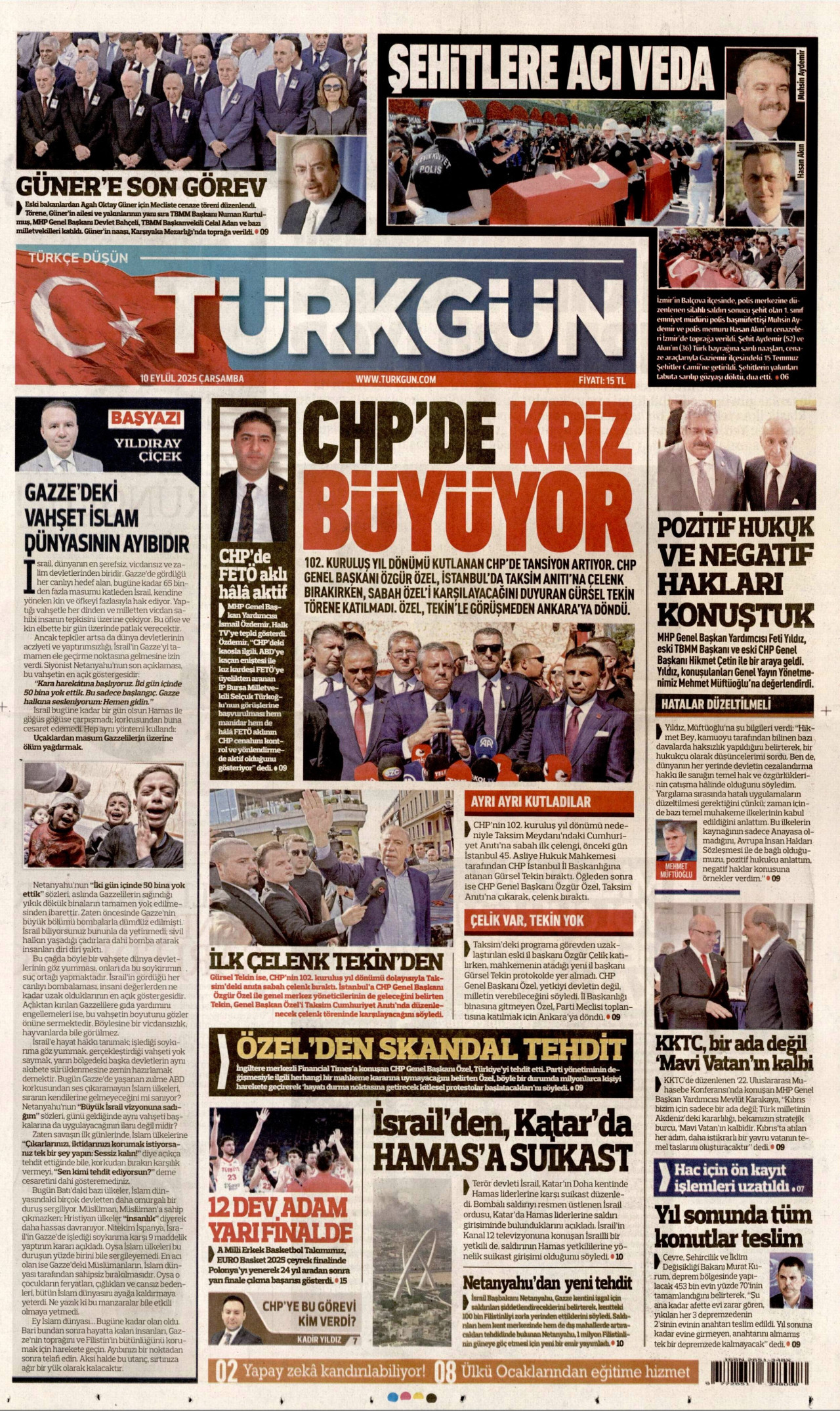 TÜRKGÜN gazetesinin 10 Eylül 2025 tarihli birinci sayfası
