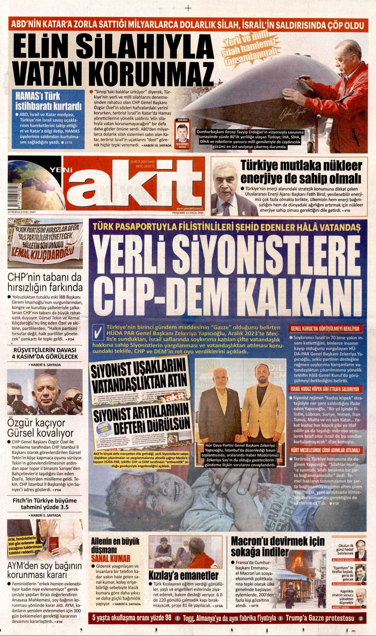 YENİ AKİT gazetesinin 11 Eylül 2025 tarihli birinci sayfası