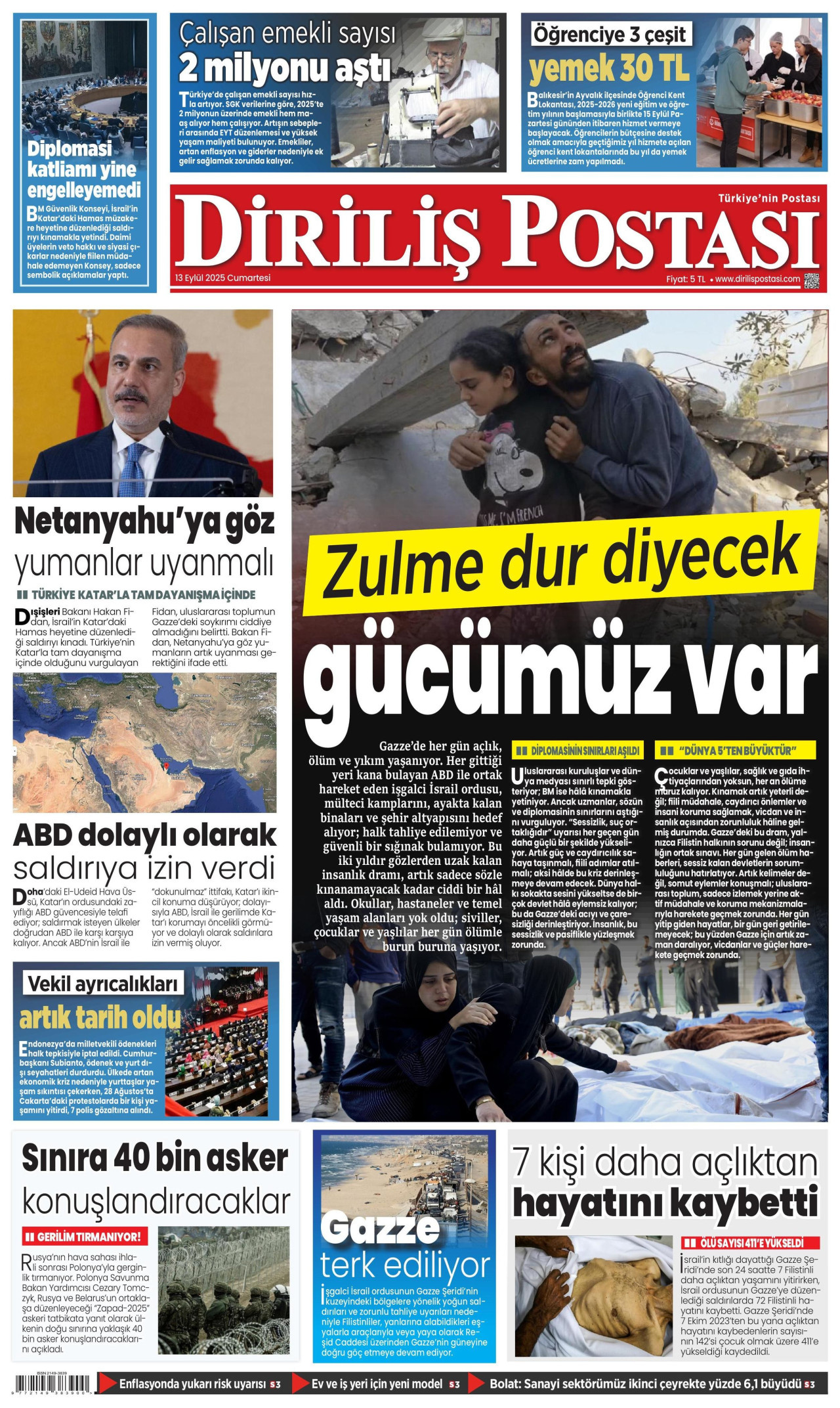 DİRİLİŞ POSTASI gazetesinin 13 Eylül 2025 tarihli birinci sayfası