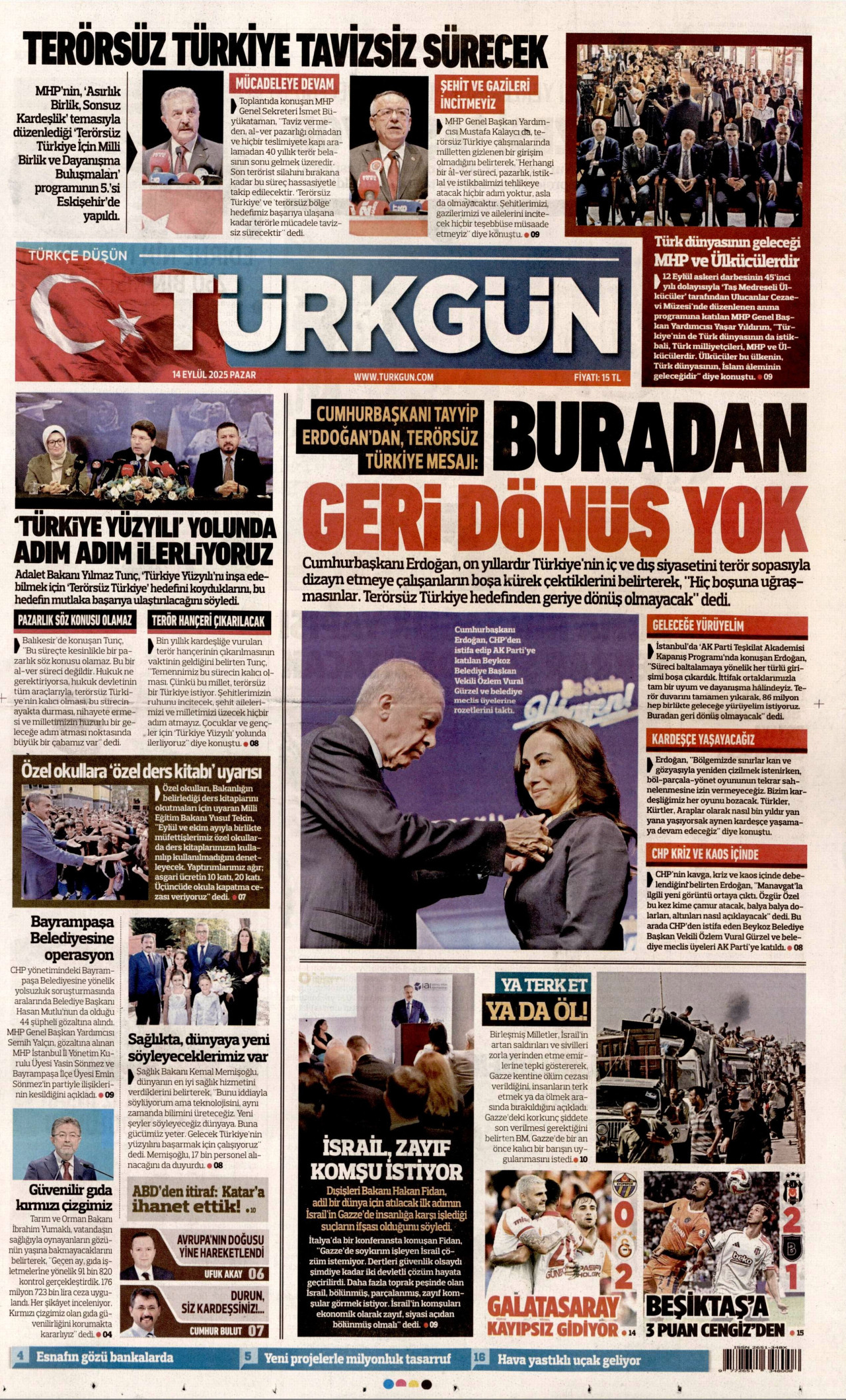 TÜRKGÜN gazetesinin 14 Eylül 2025 tarihli birinci sayfası
