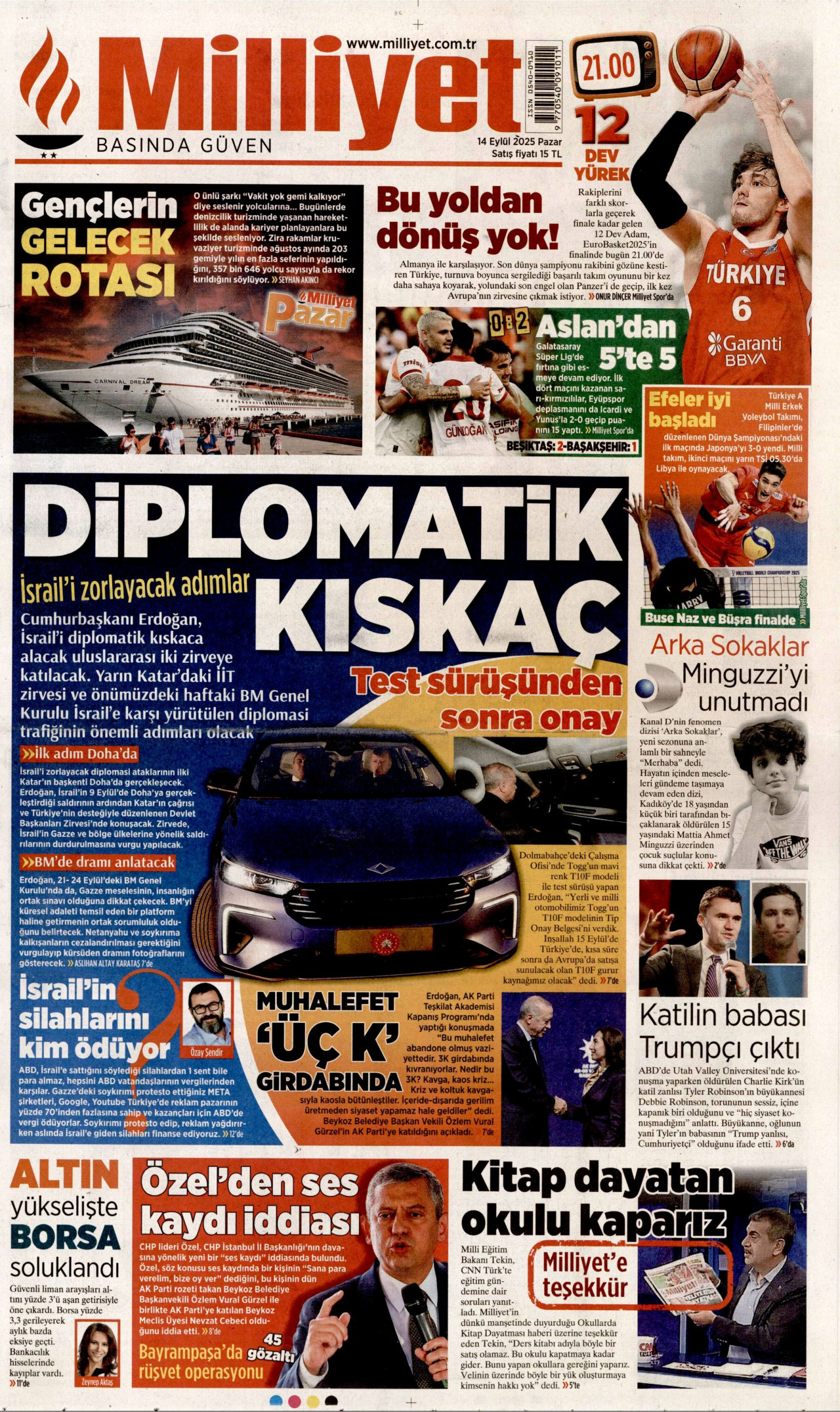 MİLLİYET gazetesinin 14 Eylül 2025 tarihli birinci sayfası