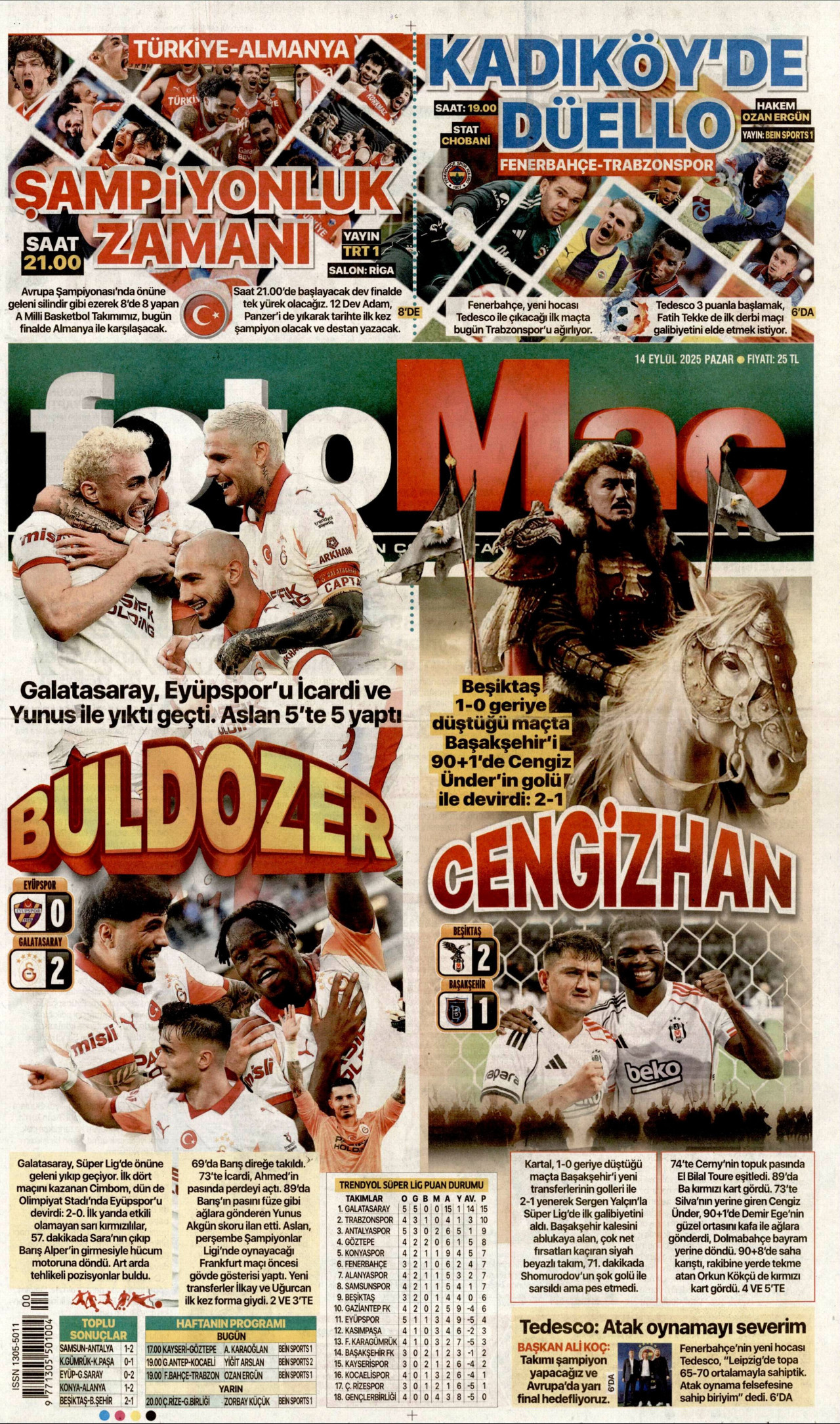 FOTOMAÇ gazetesinin 14 Eylül 2025 tarihli birinci sayfası