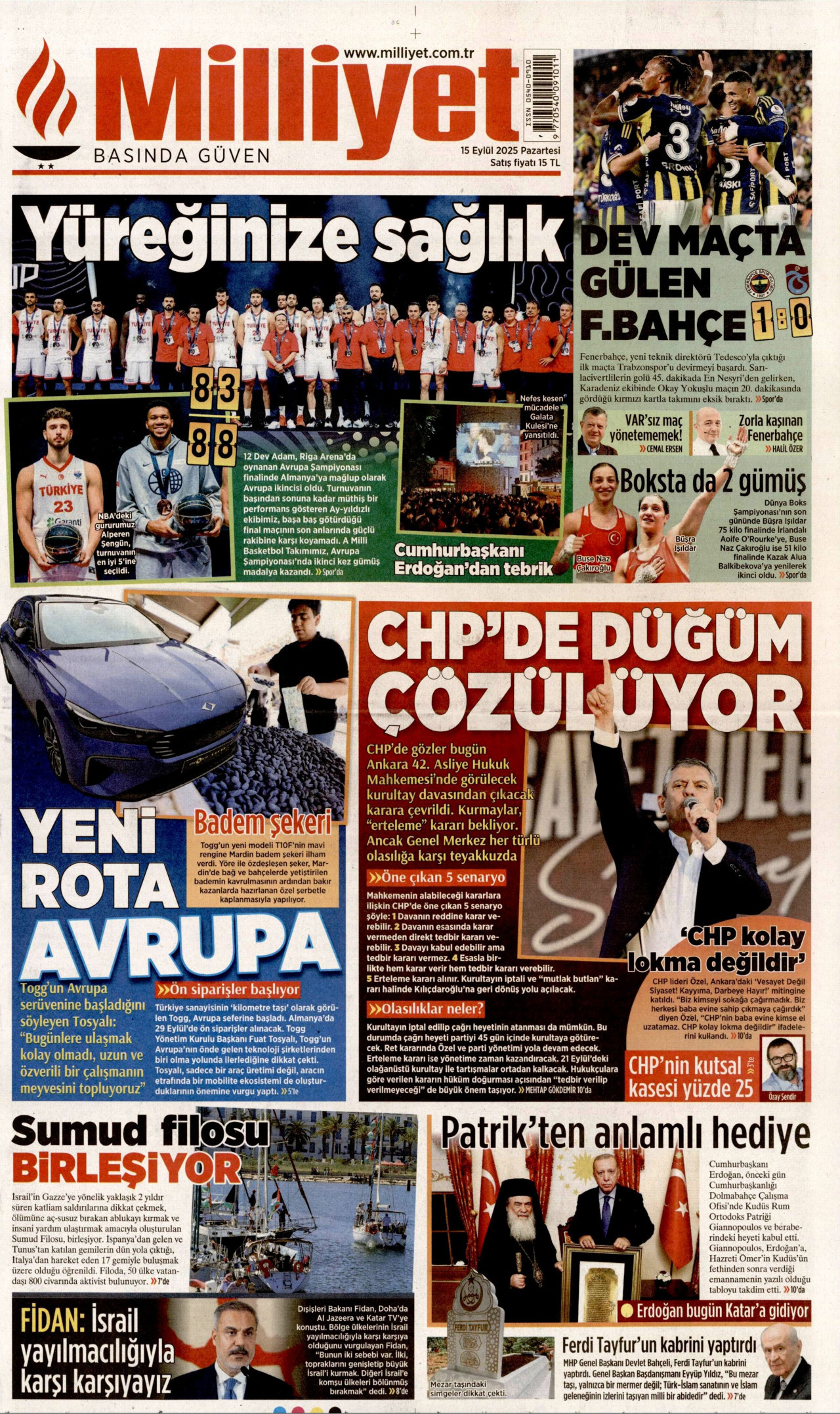MİLLİYET gazetesinin 15 Eylül 2025 tarihli birinci sayfası