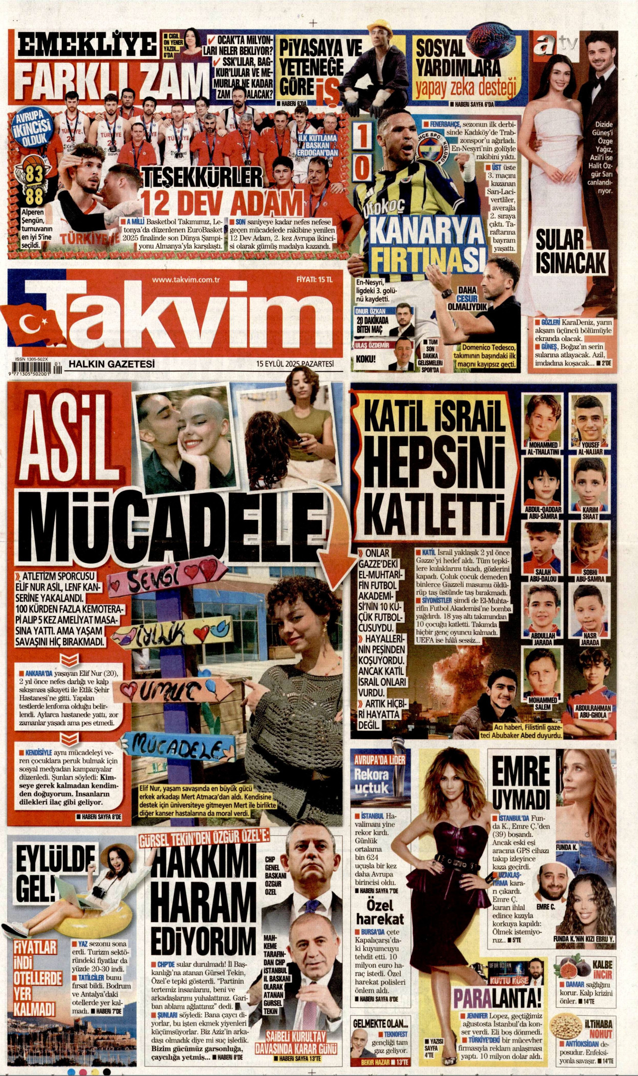 TAKVİM gazetesinin 15 Eylül 2025 tarihli birinci sayfası