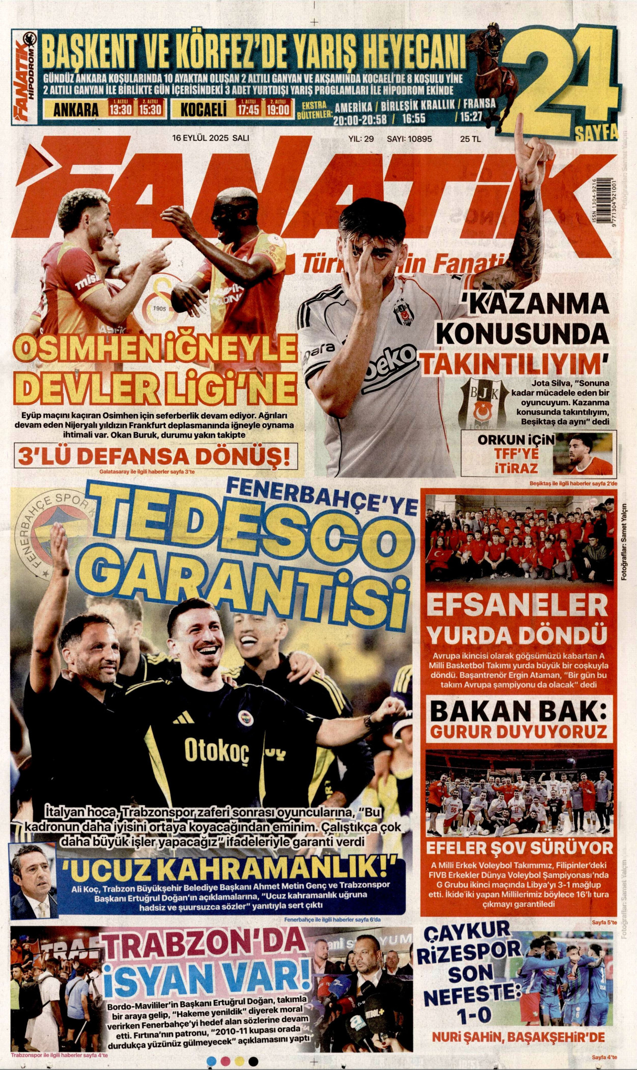 FANATİK gazetesinin 16 Eylül 2025 tarihli birinci sayfası