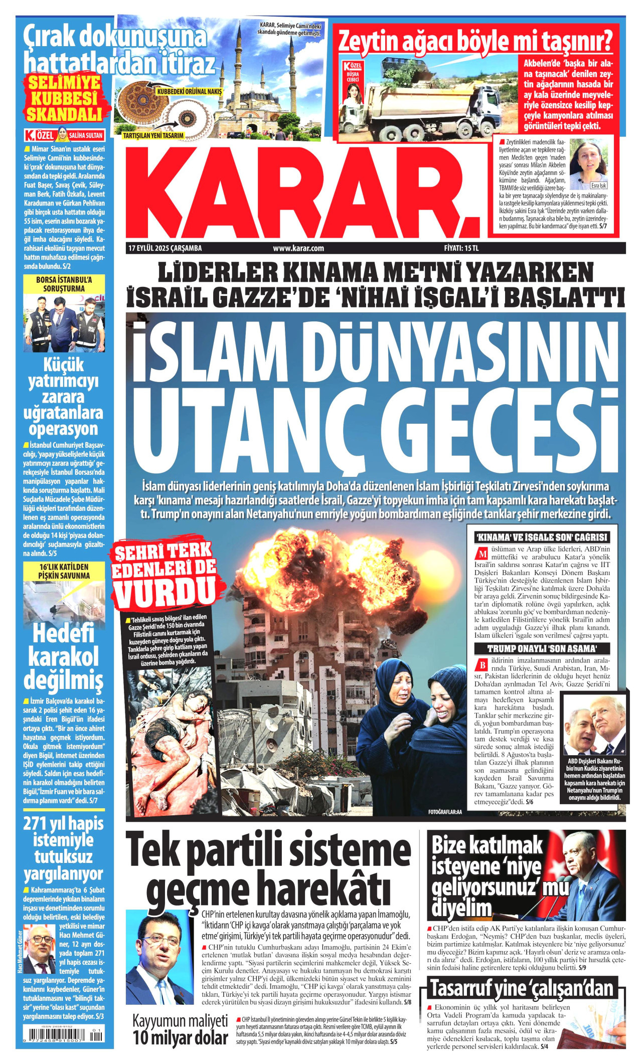 KARAR gazetesinin 17 Eylül 2025 tarihli birinci sayfası