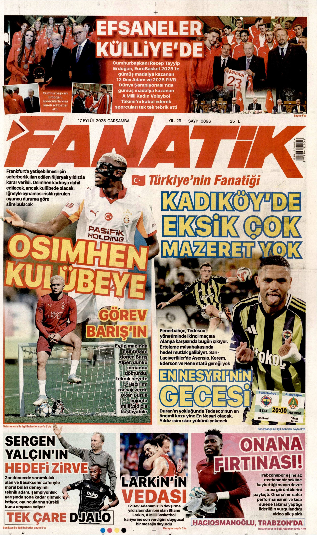 FANATİK gazetesinin 17 Eylül 2025 tarihli birinci sayfası