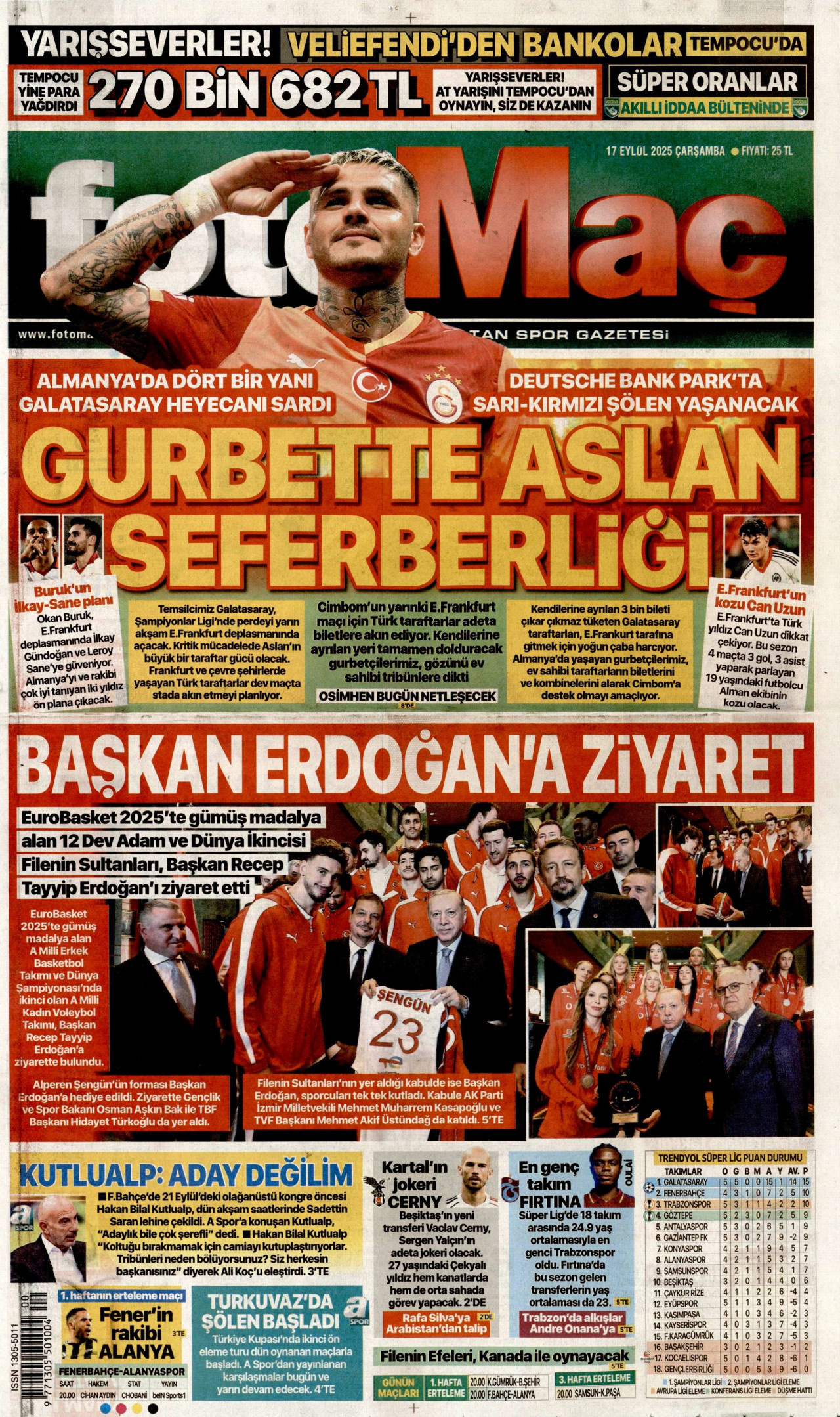 FOTOMAÇ gazetesinin 17 Eylül 2025 tarihli birinci sayfası