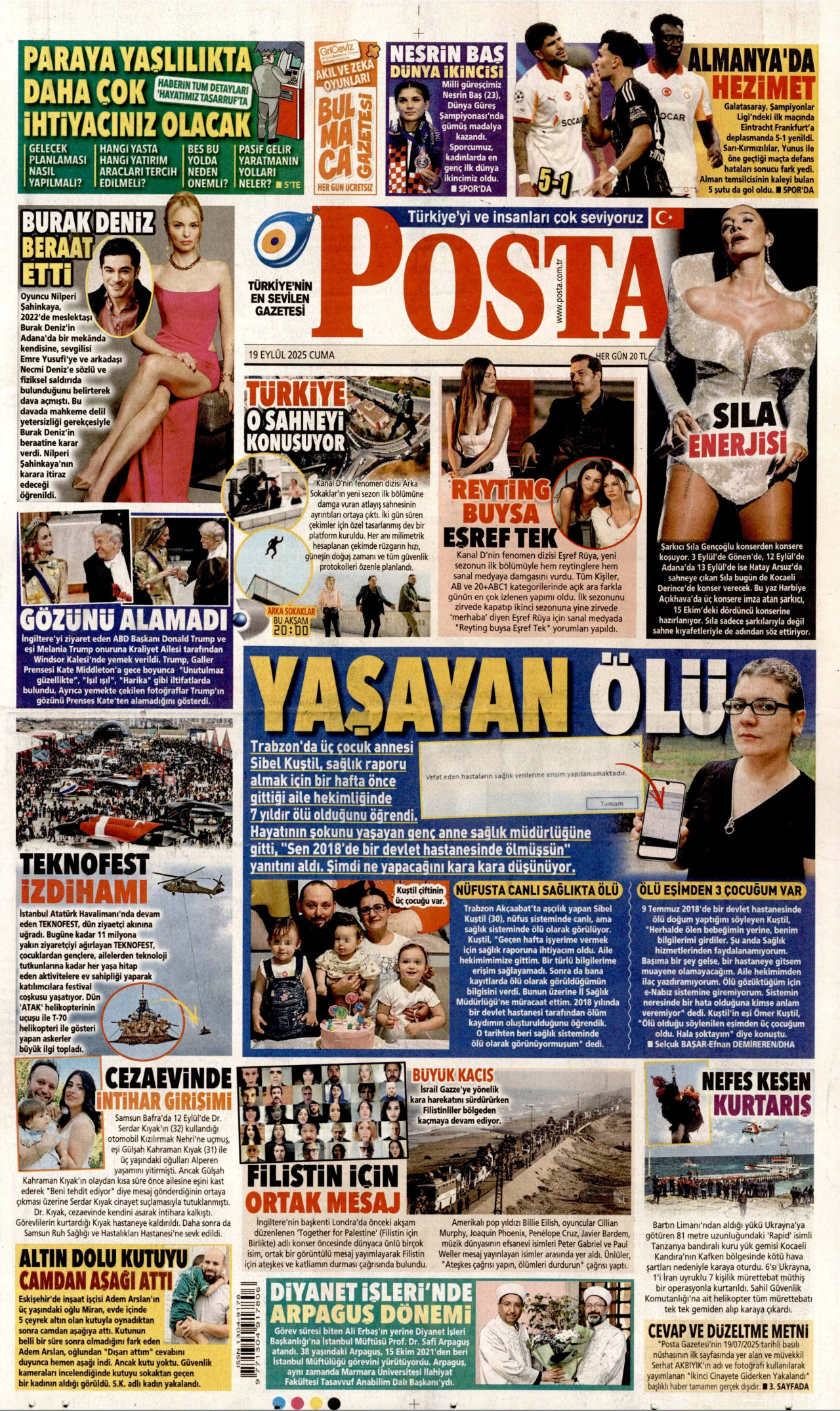 POSTA gazetesinin 19 Eylül 2025 tarihli birinci sayfası