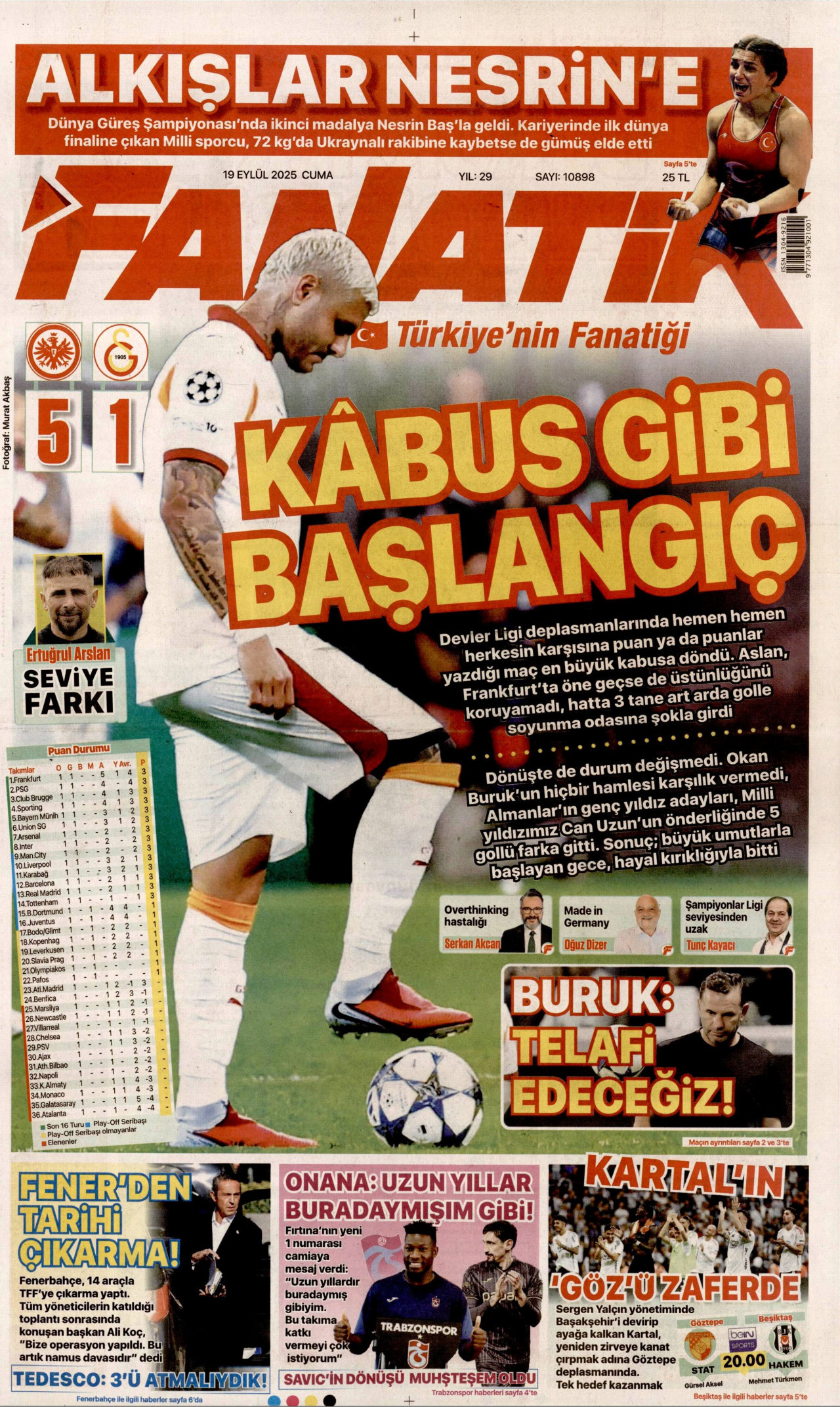 FANATİK gazetesinin 19 Eylül 2025 tarihli birinci sayfası