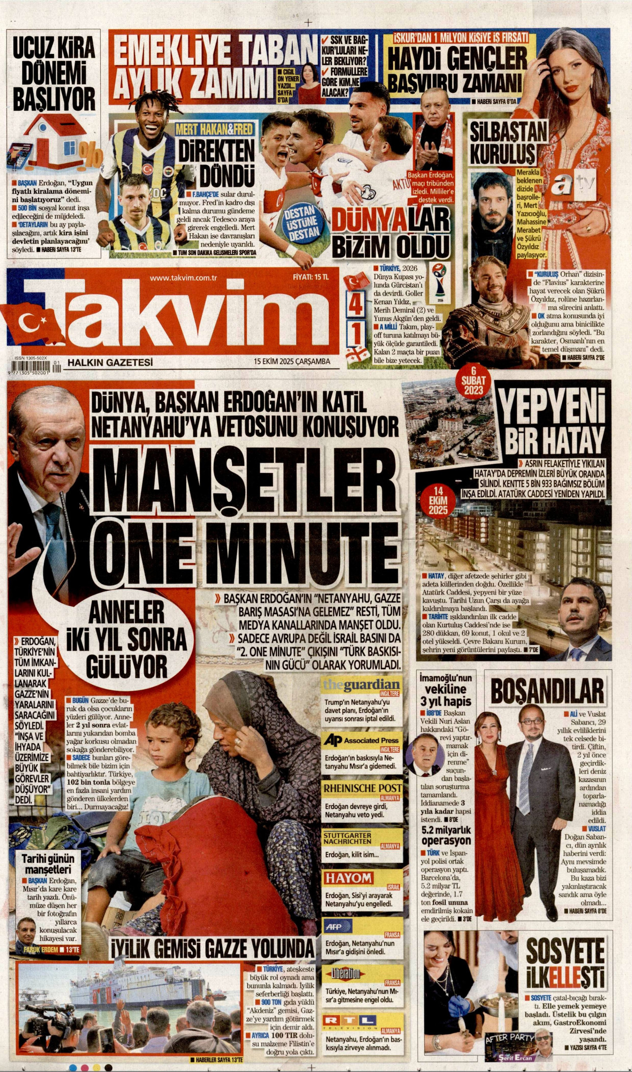 TAKVİM gazetesinin 15 Ekim 2025 tarihli birinci sayfası
