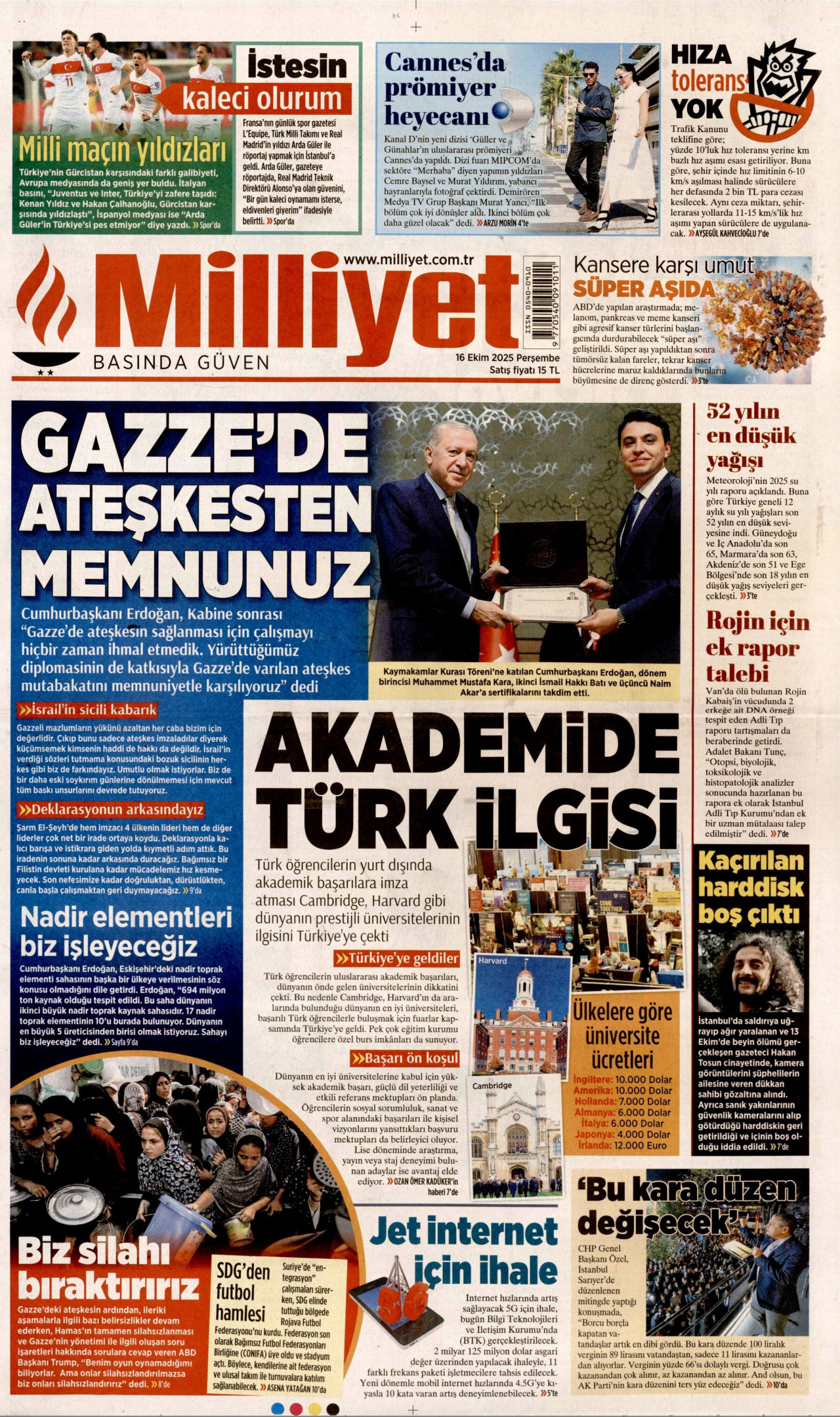 MİLLİYET gazetesinin 16 Ekim 2025 tarihli birinci sayfası