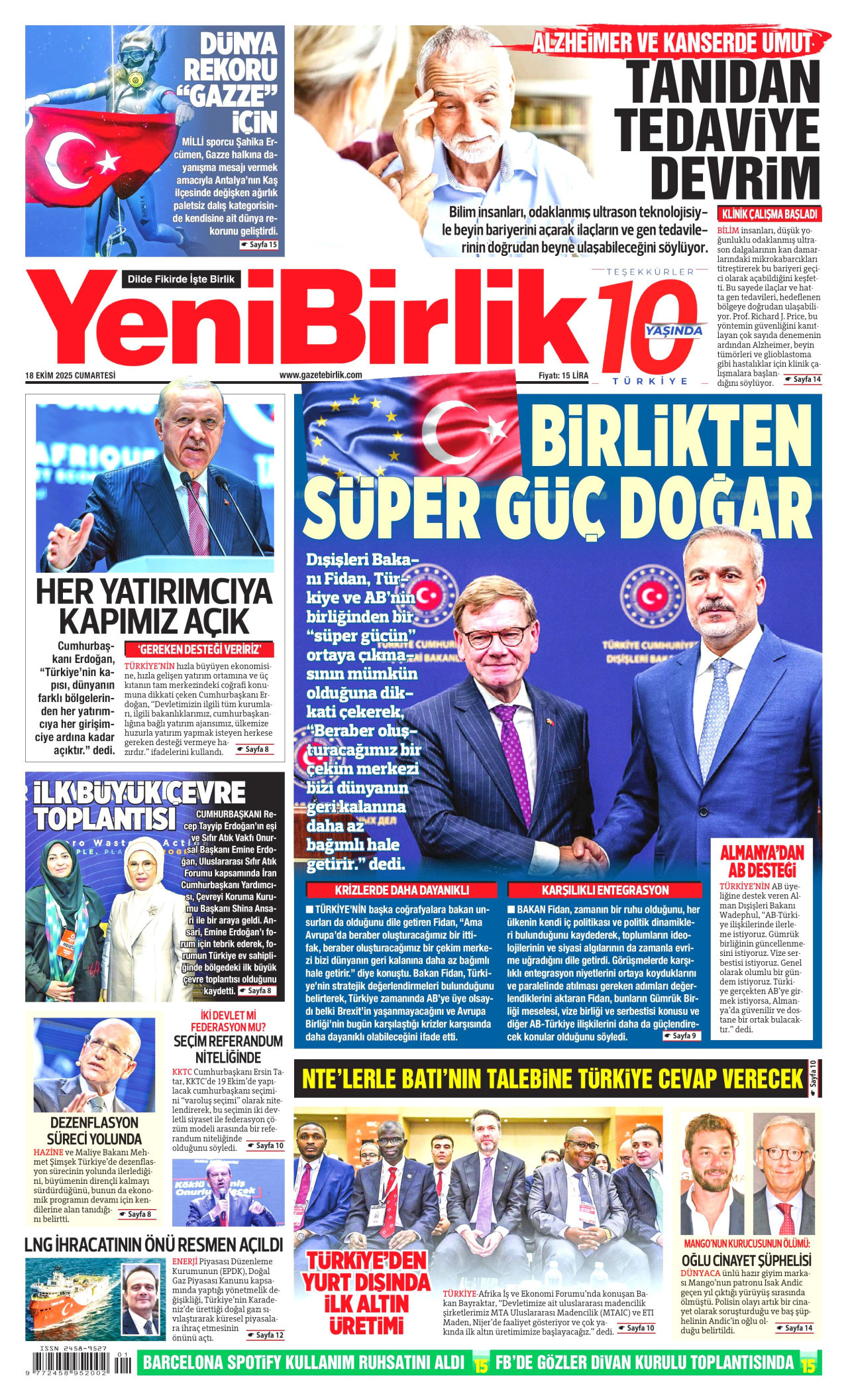 YENİBİRLİK gazetesinin 18 Ekim 2025 tarihli birinci sayfası