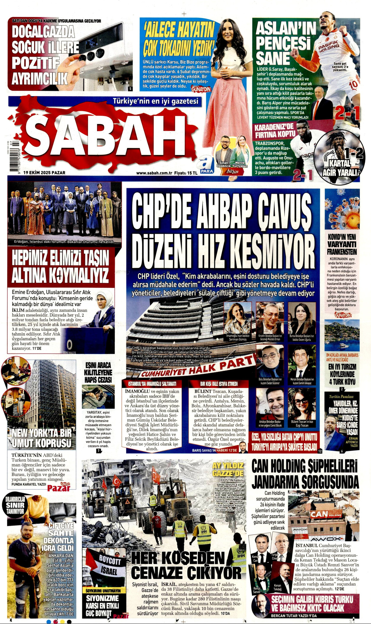 SABAH gazetesinin 19 Ekim 2025 tarihli birinci sayfası