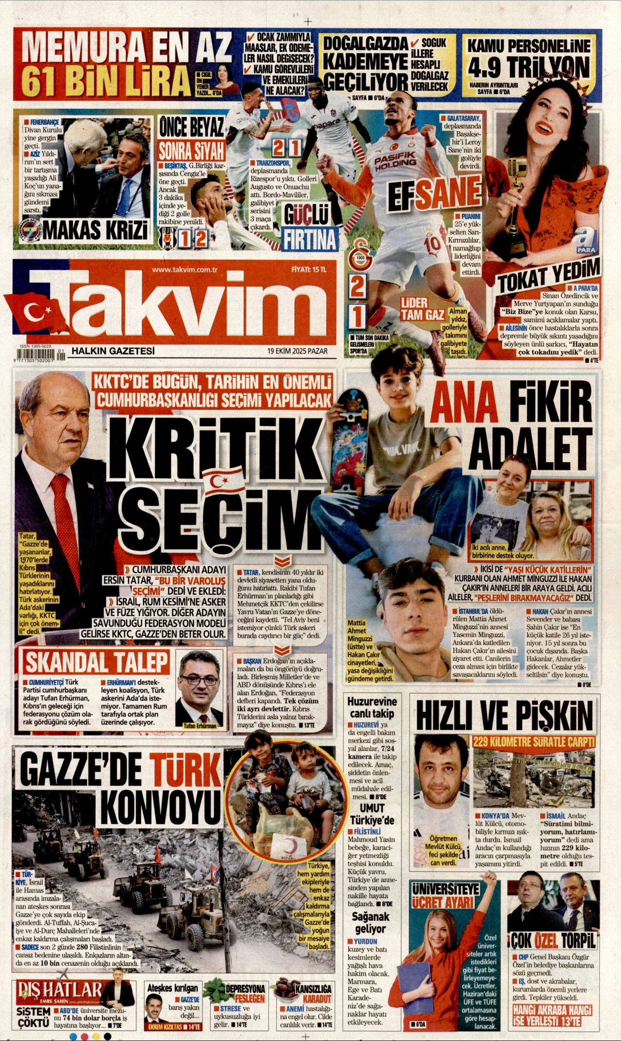 TAKVİM gazetesinin 19 Ekim 2025 tarihli birinci sayfası