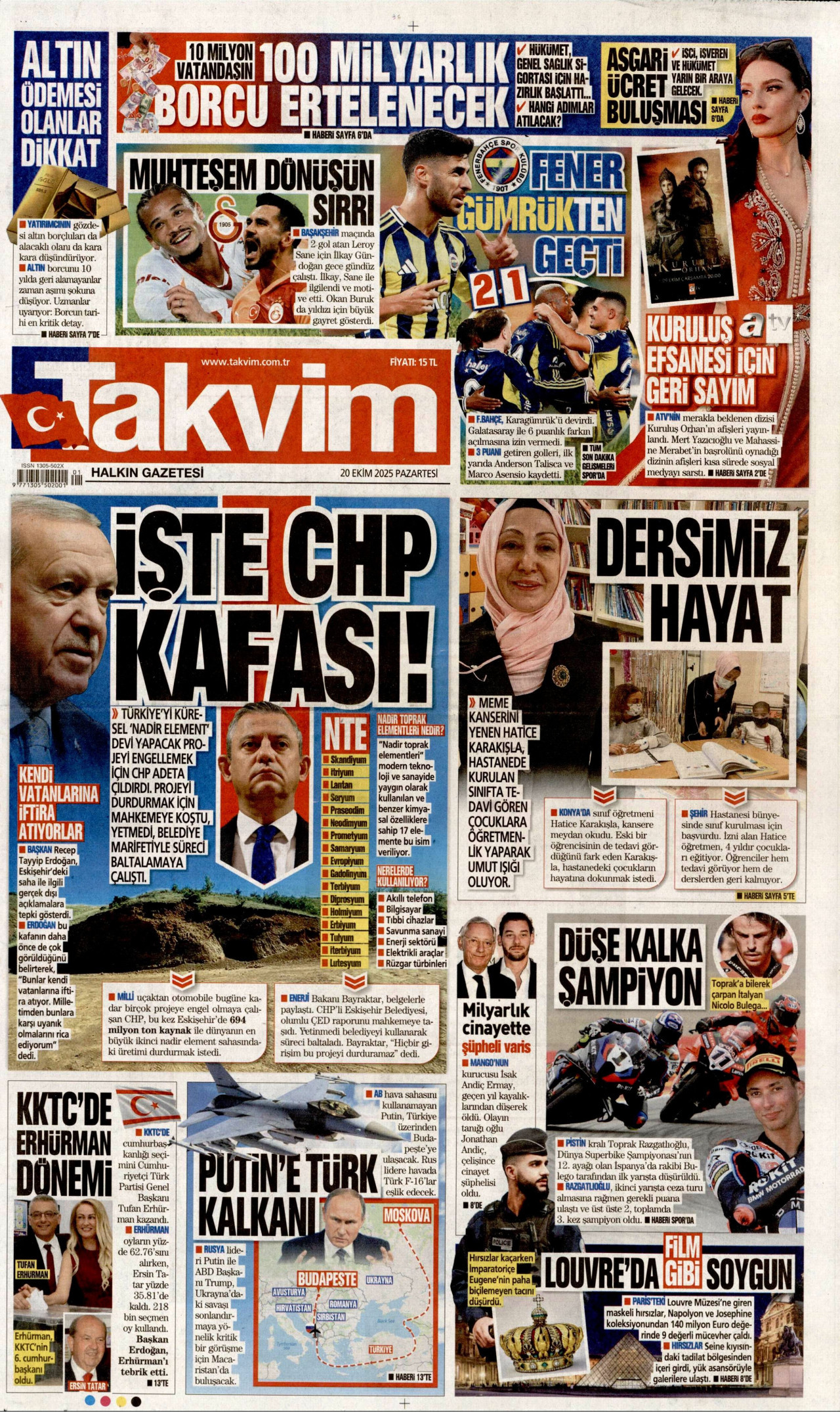 TAKVİM gazetesinin 20 Ekim 2025 tarihli birinci sayfası