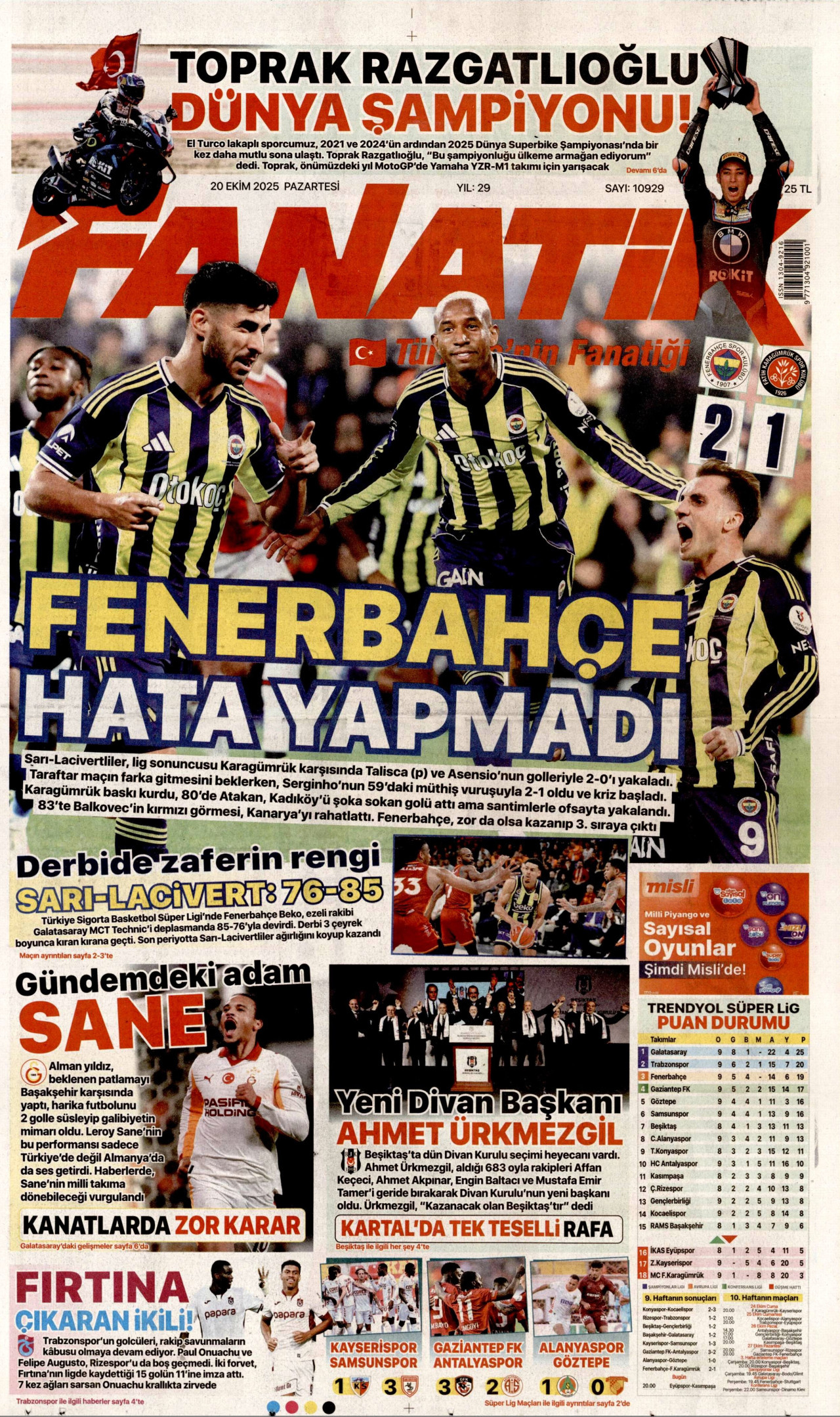 FANATİK gazetesinin 20 Ekim 2025 tarihli birinci sayfası