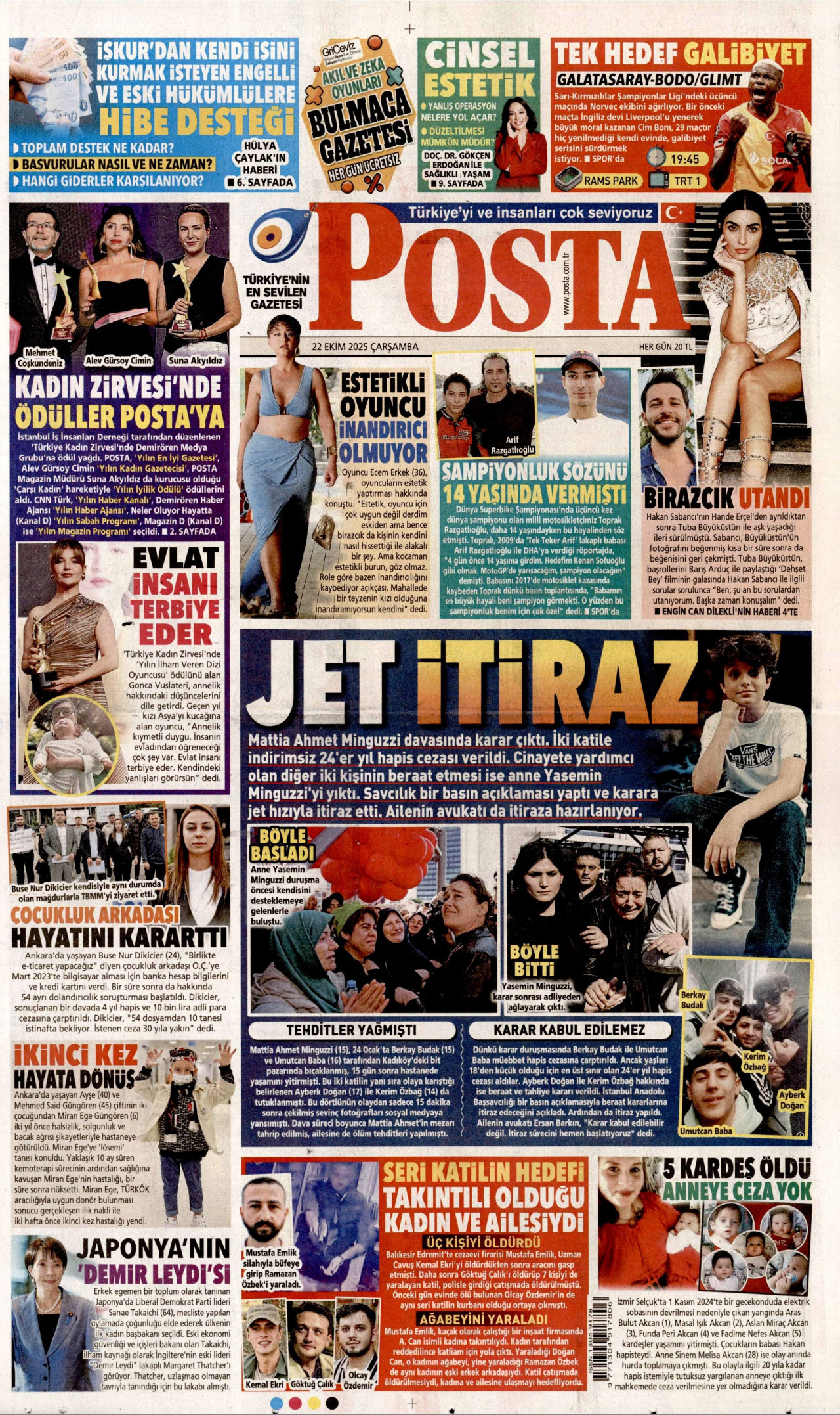POSTA gazetesinin 22 Ekim 2025 tarihli birinci sayfası