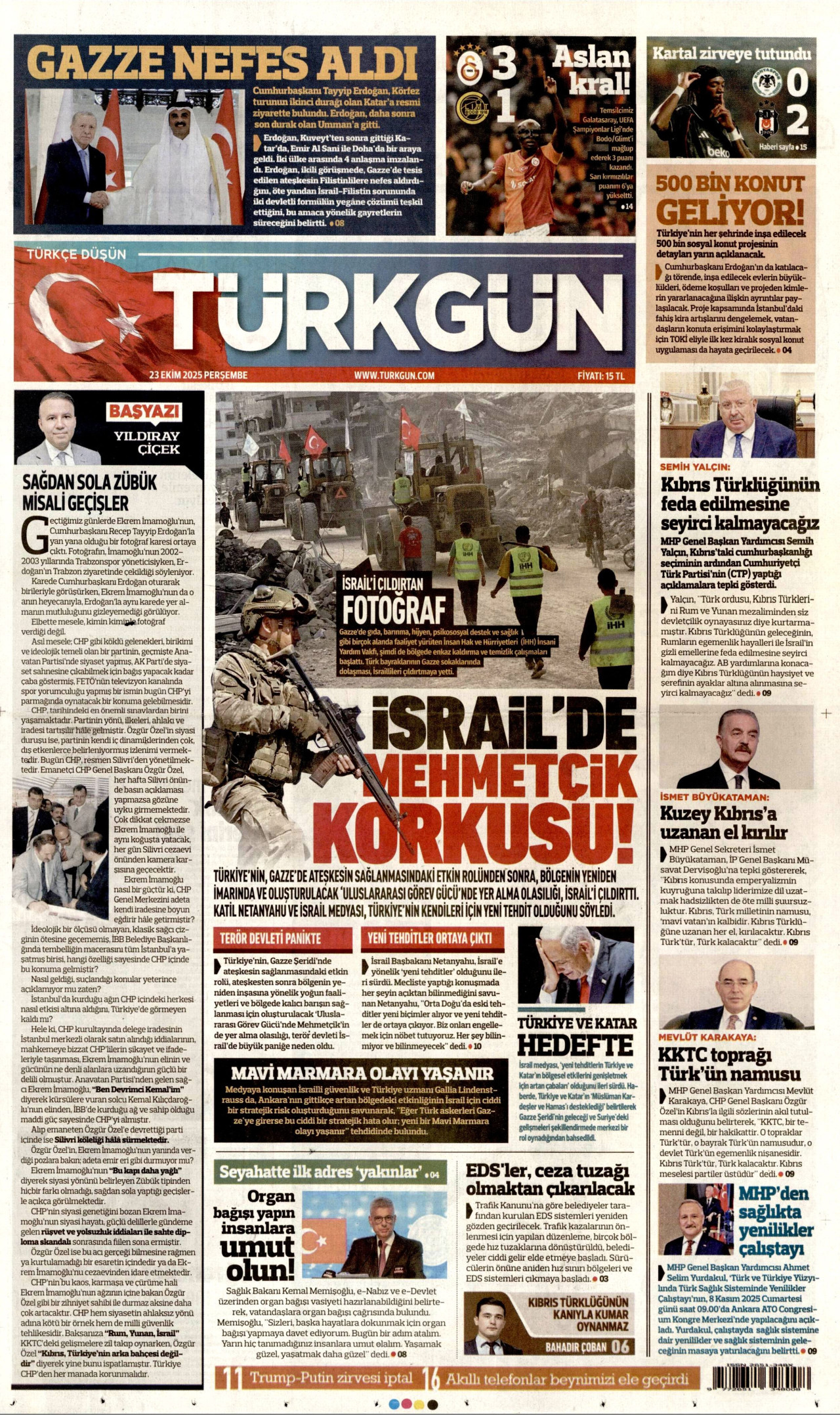 TÜRKGÜN gazetesinin 23 Ekim 2025 tarihli birinci sayfası