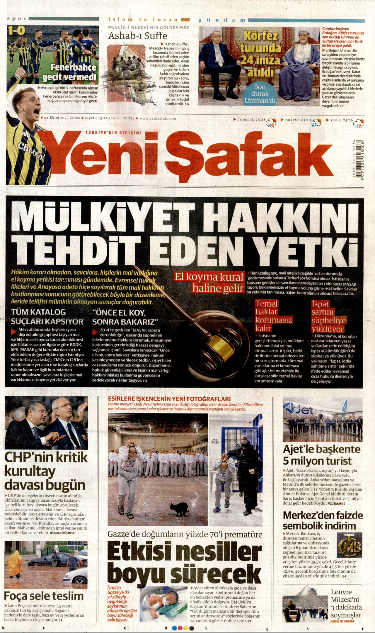 YENİ ŞAFAK gazetesinin 24 Ekim 2025 tarihli birinci sayfası