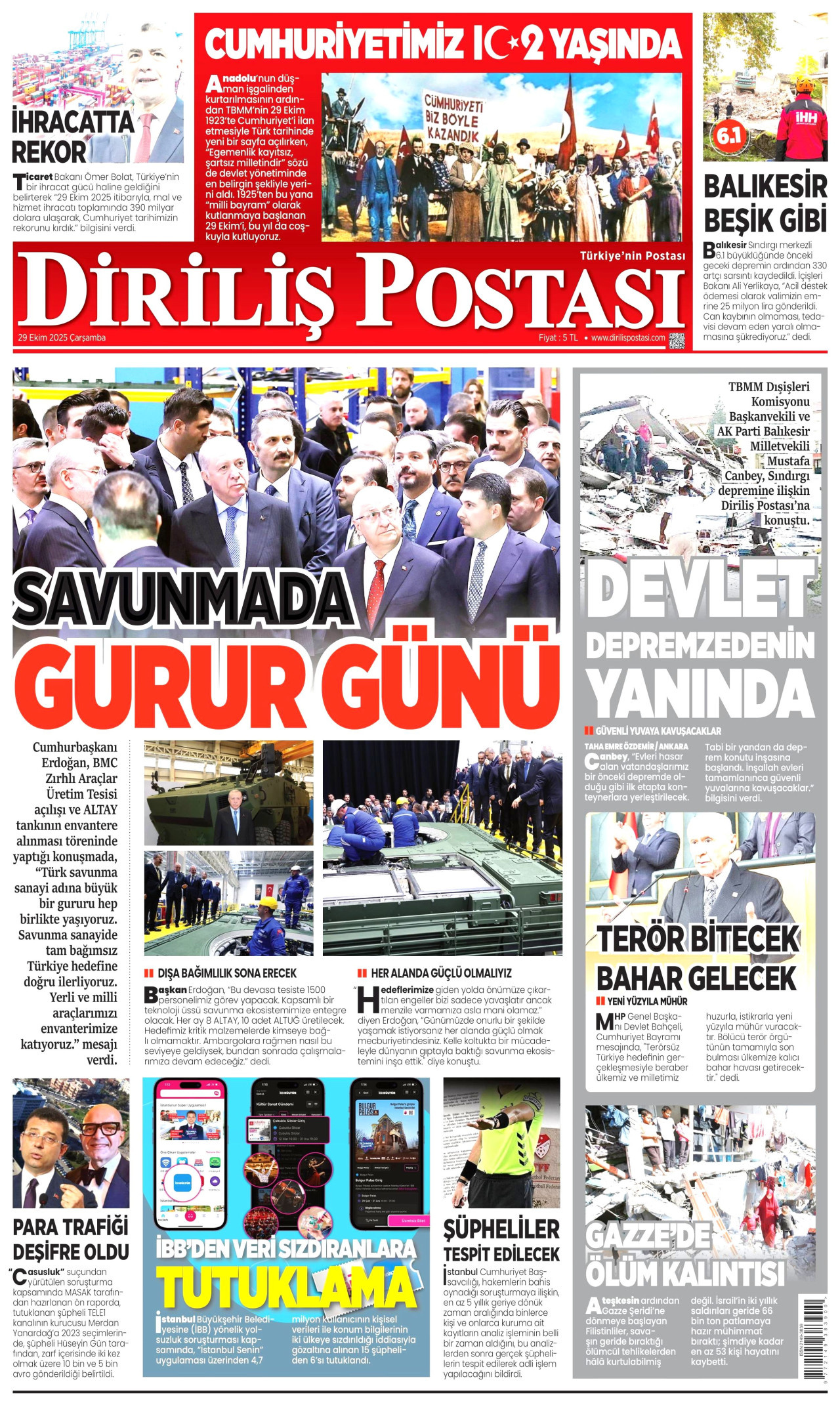 DİRİLİŞ POSTASI gazetesinin 29 Ekim 2025 tarihli birinci sayfası