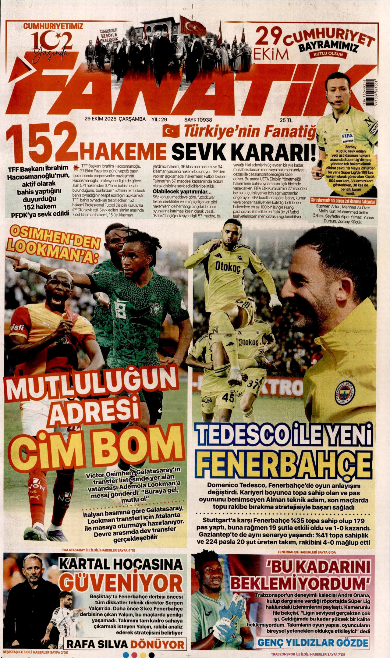 FANATİK gazetesinin 29 Ekim 2025 tarihli birinci sayfası