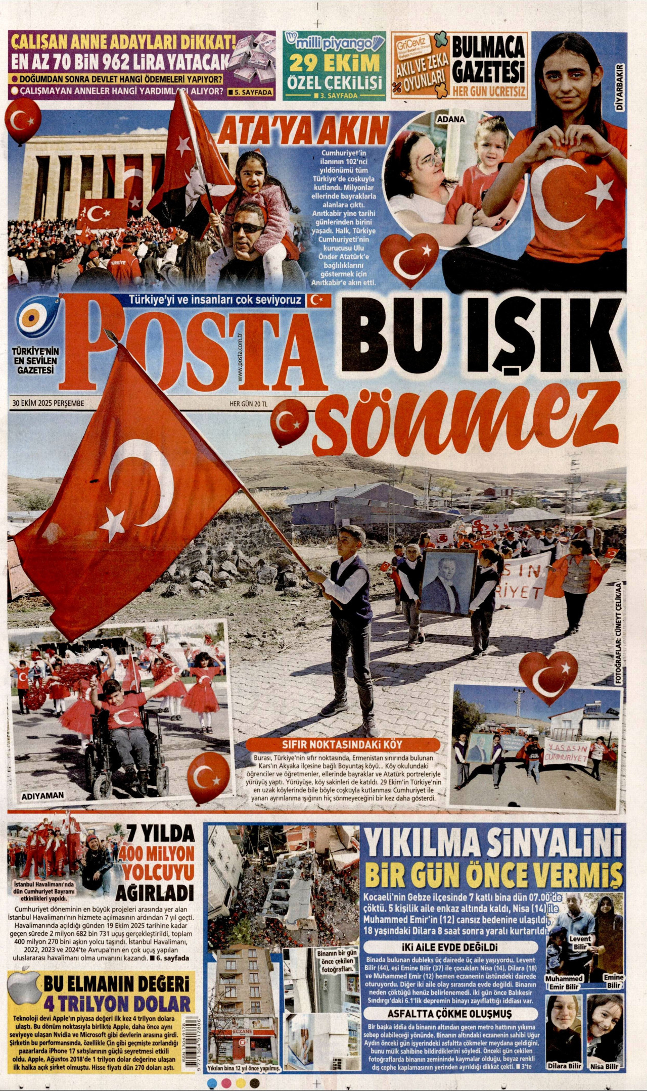 POSTA gazetesinin 30 Ekim 2025 tarihli birinci sayfası
