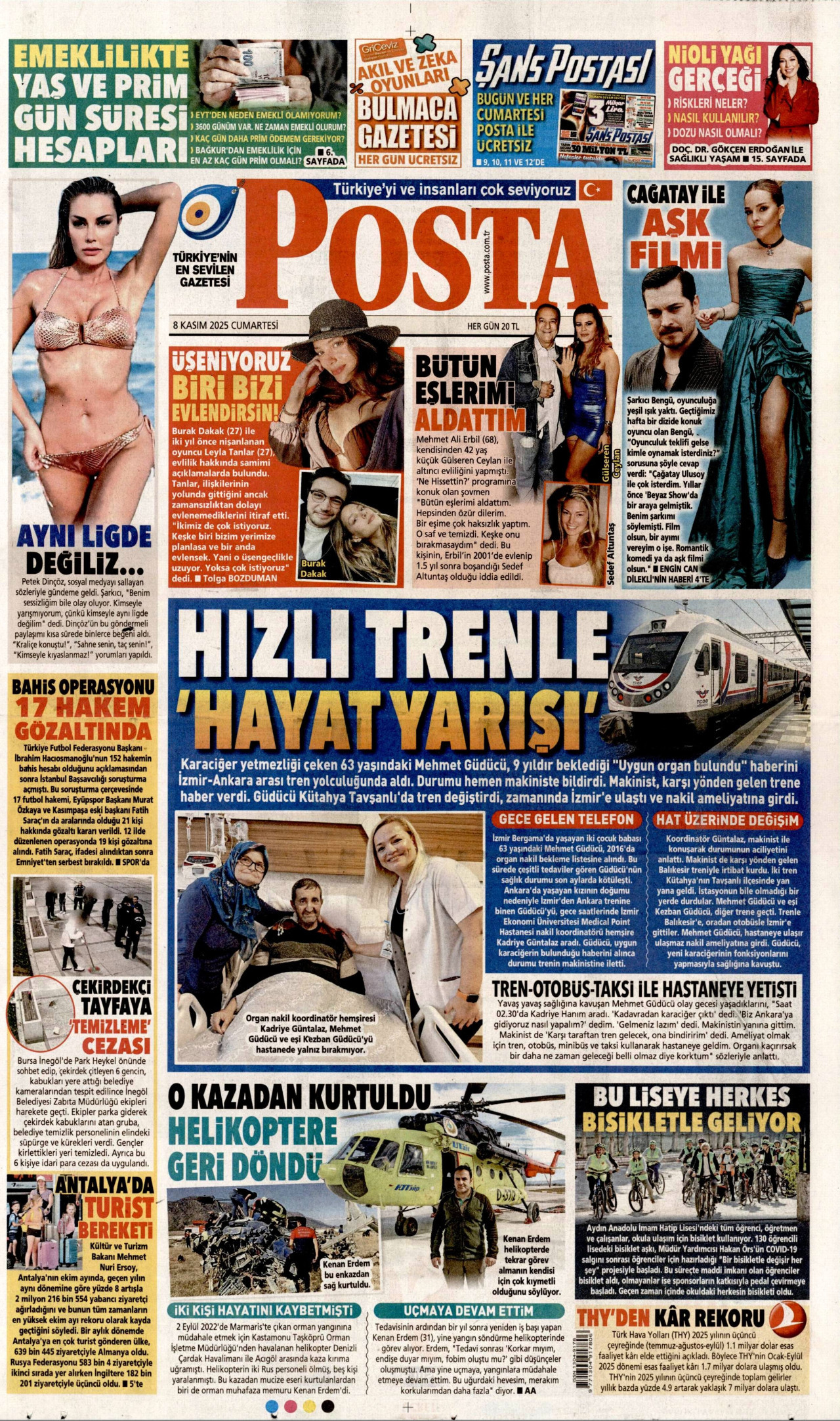 POSTA gazetesinin 8 Kasım 2025 tarihli birinci sayfası