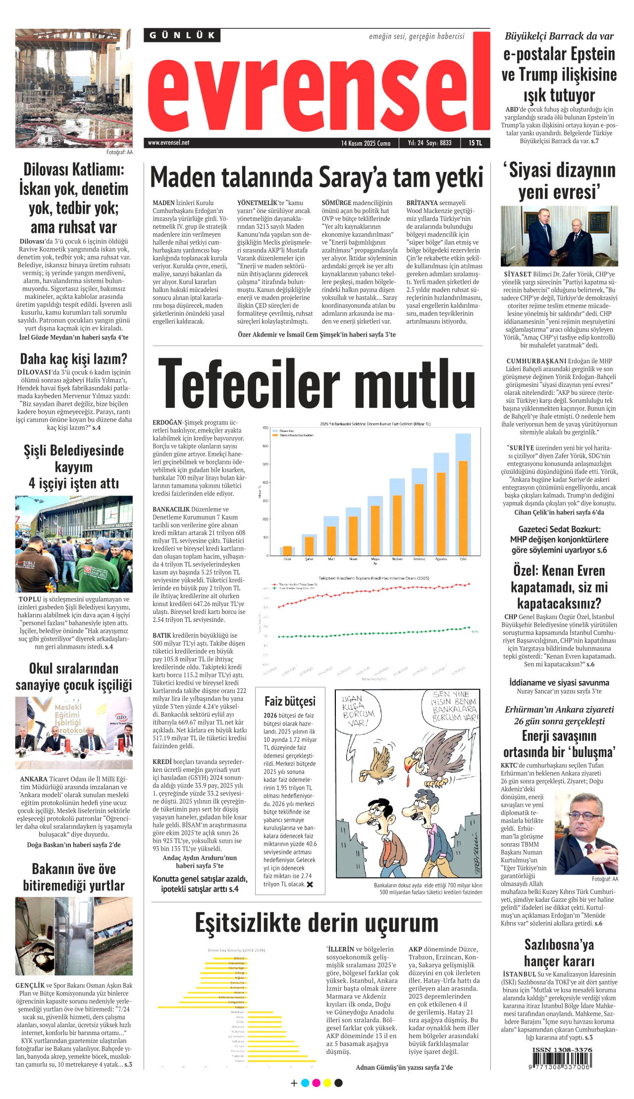 EVRENSEL gazetesinin 14 Kasım 2025 tarihli birinci sayfası