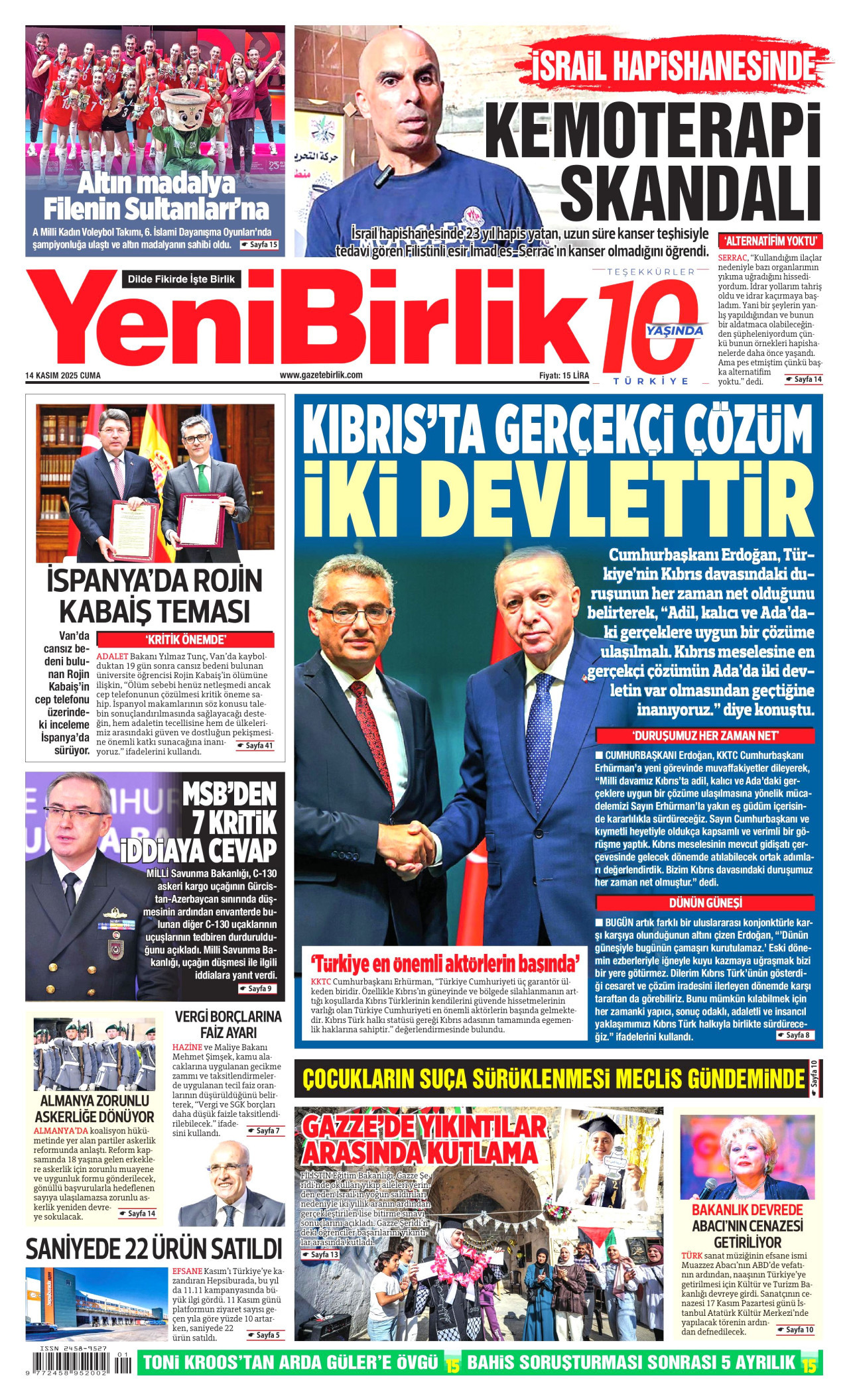 YENİBİRLİK gazetesinin 14 Kasım 2025 tarihli birinci sayfası