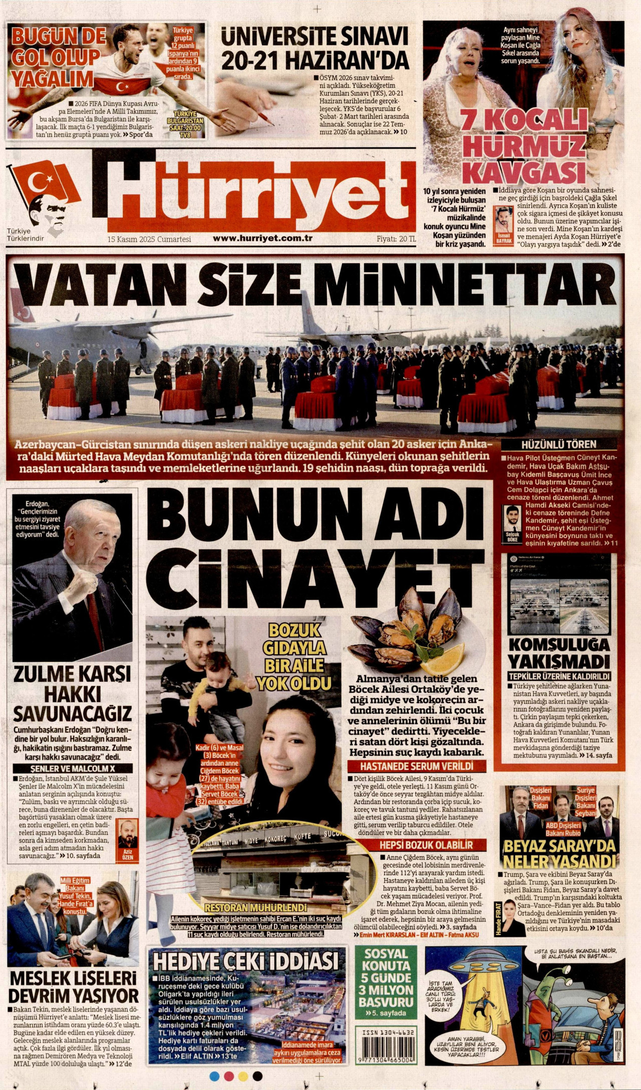 HÜRRİYET gazetesinin 15 Kasım 2025 tarihli birinci sayfası