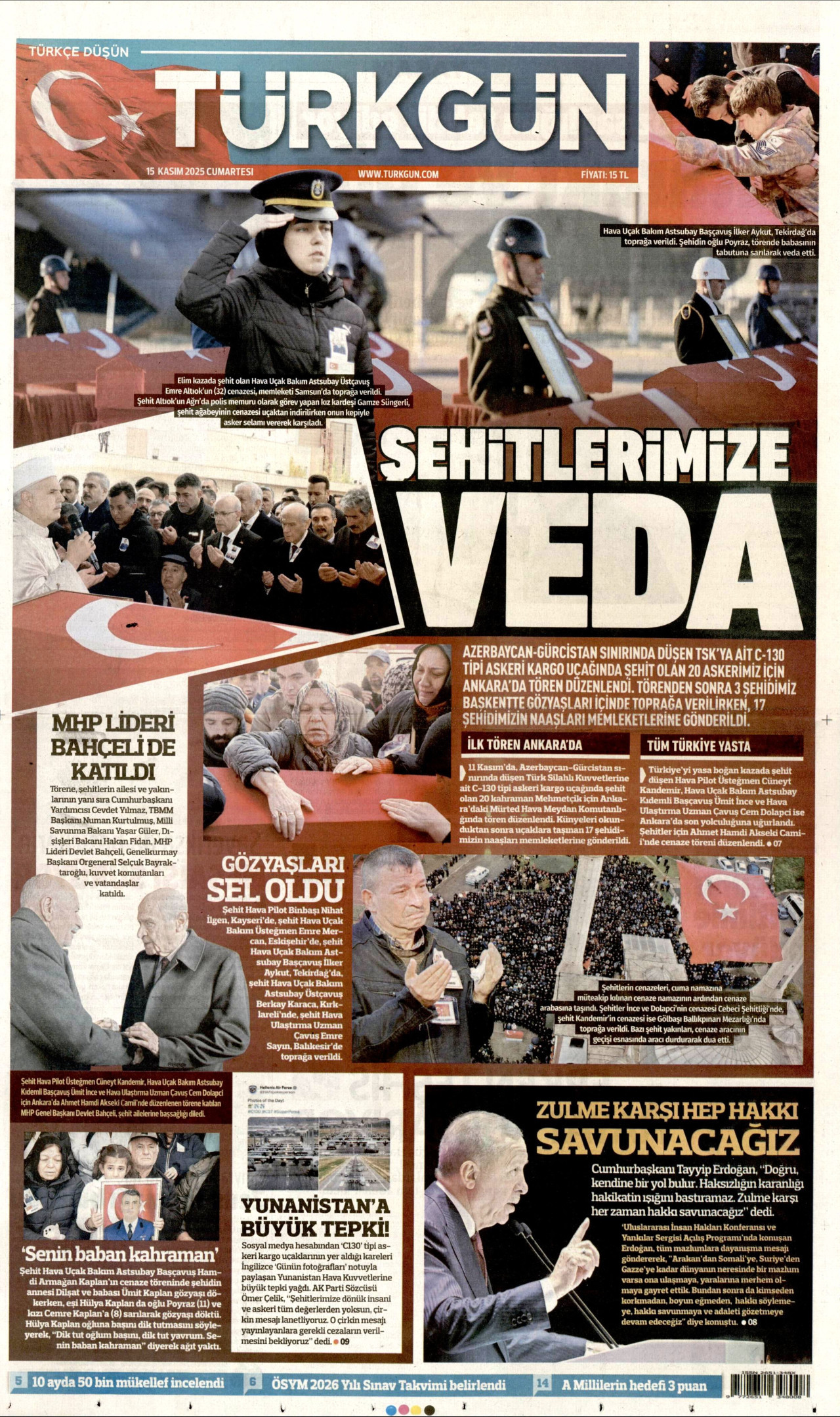 TÜRKGÜN gazetesinin 15 Kasım 2025 tarihli birinci sayfası