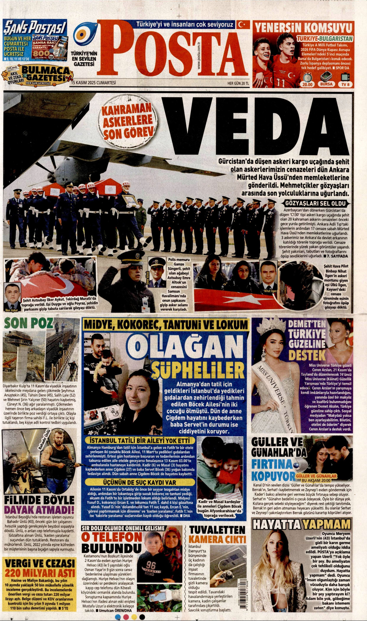 POSTA gazetesinin 15 Kasım 2025 tarihli birinci sayfası