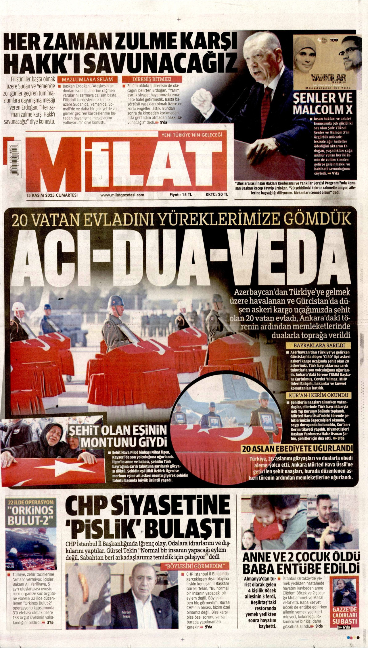 MİLAT gazetesinin 15 Kasım 2025 tarihli birinci sayfası