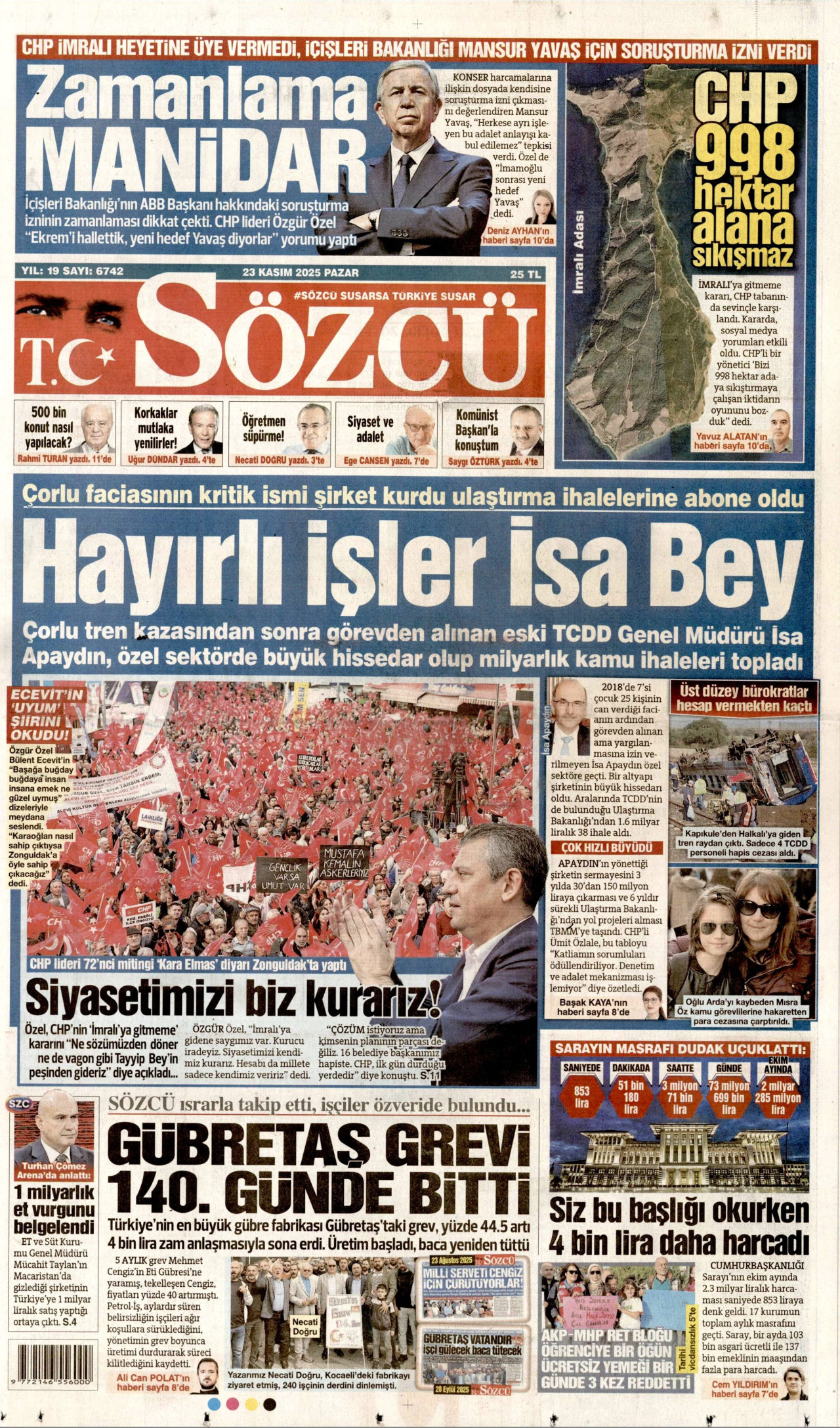 SÖZCÜ gazetesinin 23 Kasım 2025 tarihli birinci sayfası