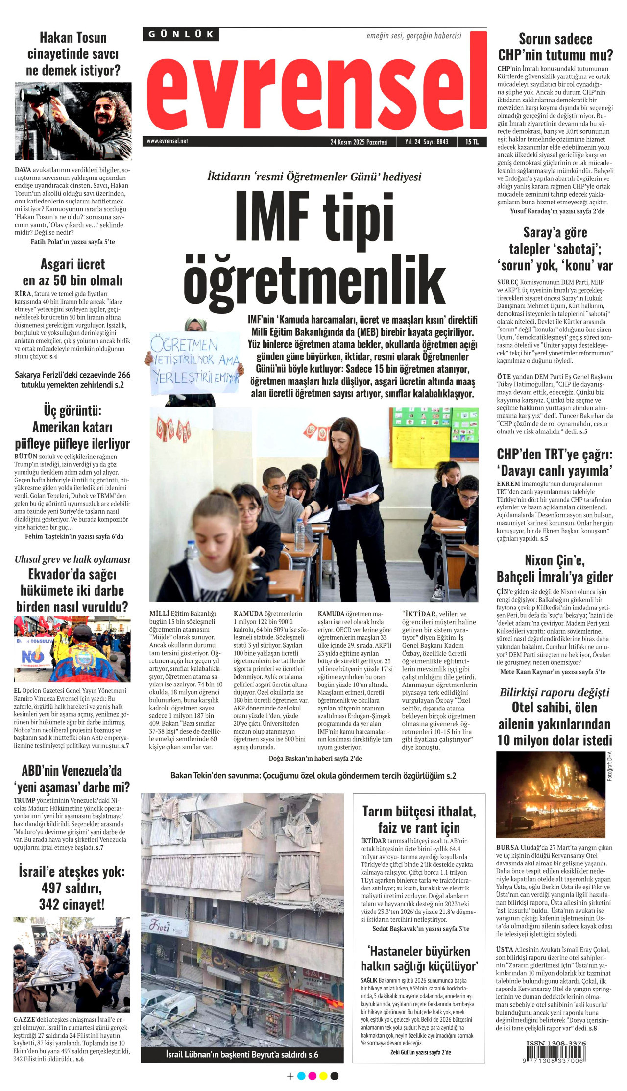 EVRENSEL gazetesinin 24 Kasım 2025 tarihli birinci sayfası