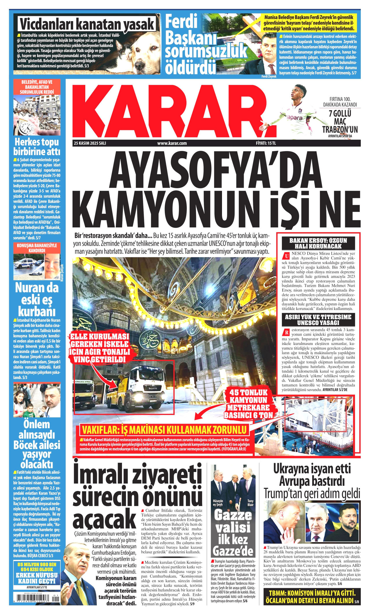KARAR gazetesinin 25 Kasım 2025 tarihli birinci sayfası
