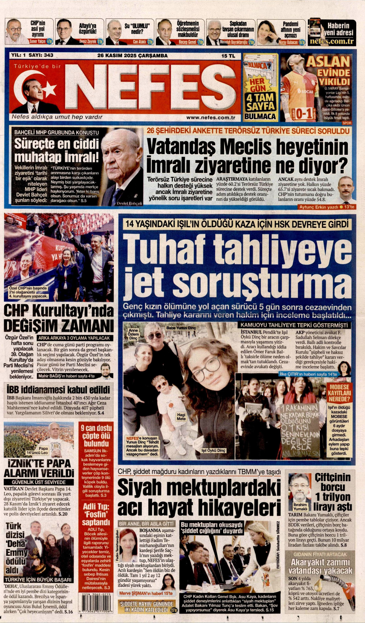 NEFES gazetesinin 26 Kasım 2025 tarihli birinci sayfası
