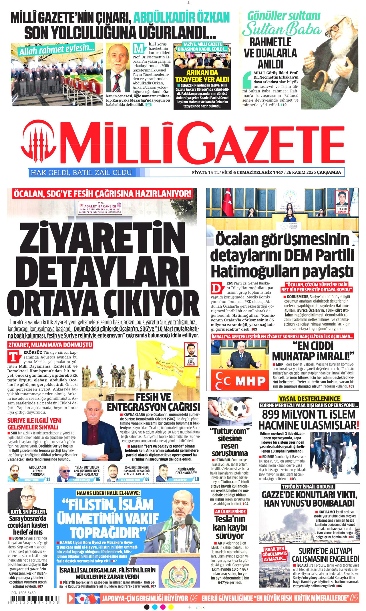 MİLLİ GAZETE gazetesinin 26 Kasım 2025 tarihli birinci sayfası