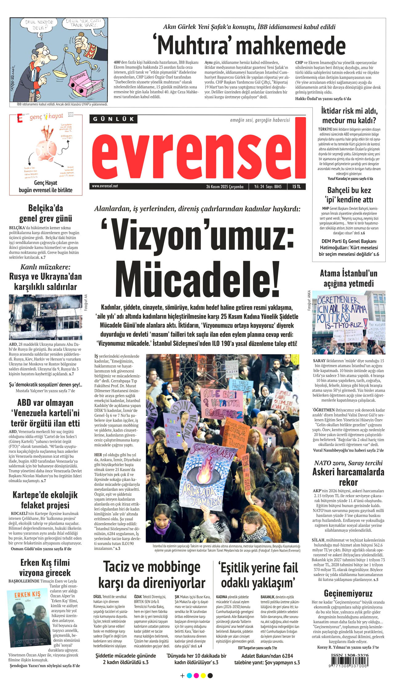 EVRENSEL gazetesinin 26 Kasım 2025 tarihli birinci sayfası