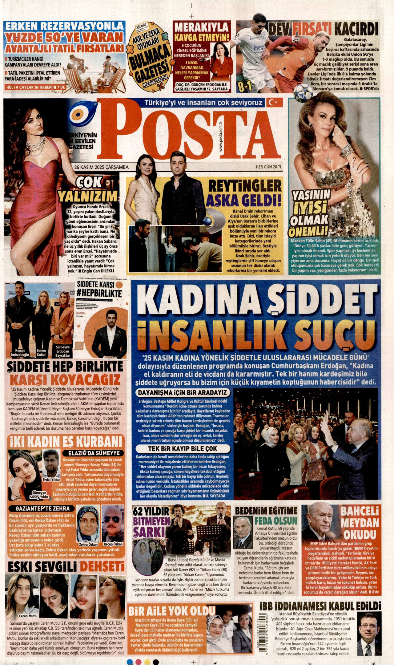 POSTA gazetesinin 26 Kasım 2025 tarihli birinci sayfası