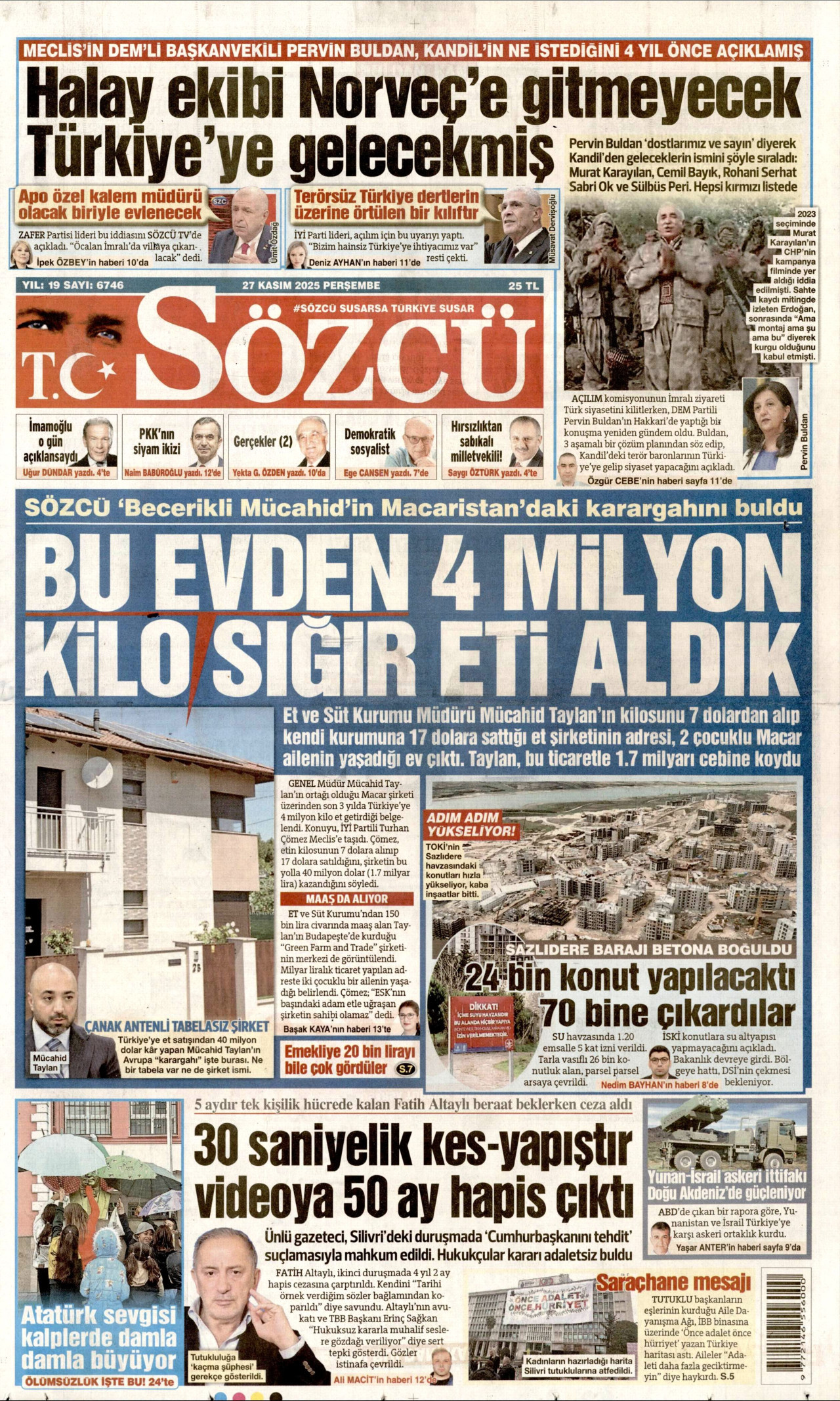 SÖZCÜ gazetesinin 27 Kasım 2025 tarihli birinci sayfası