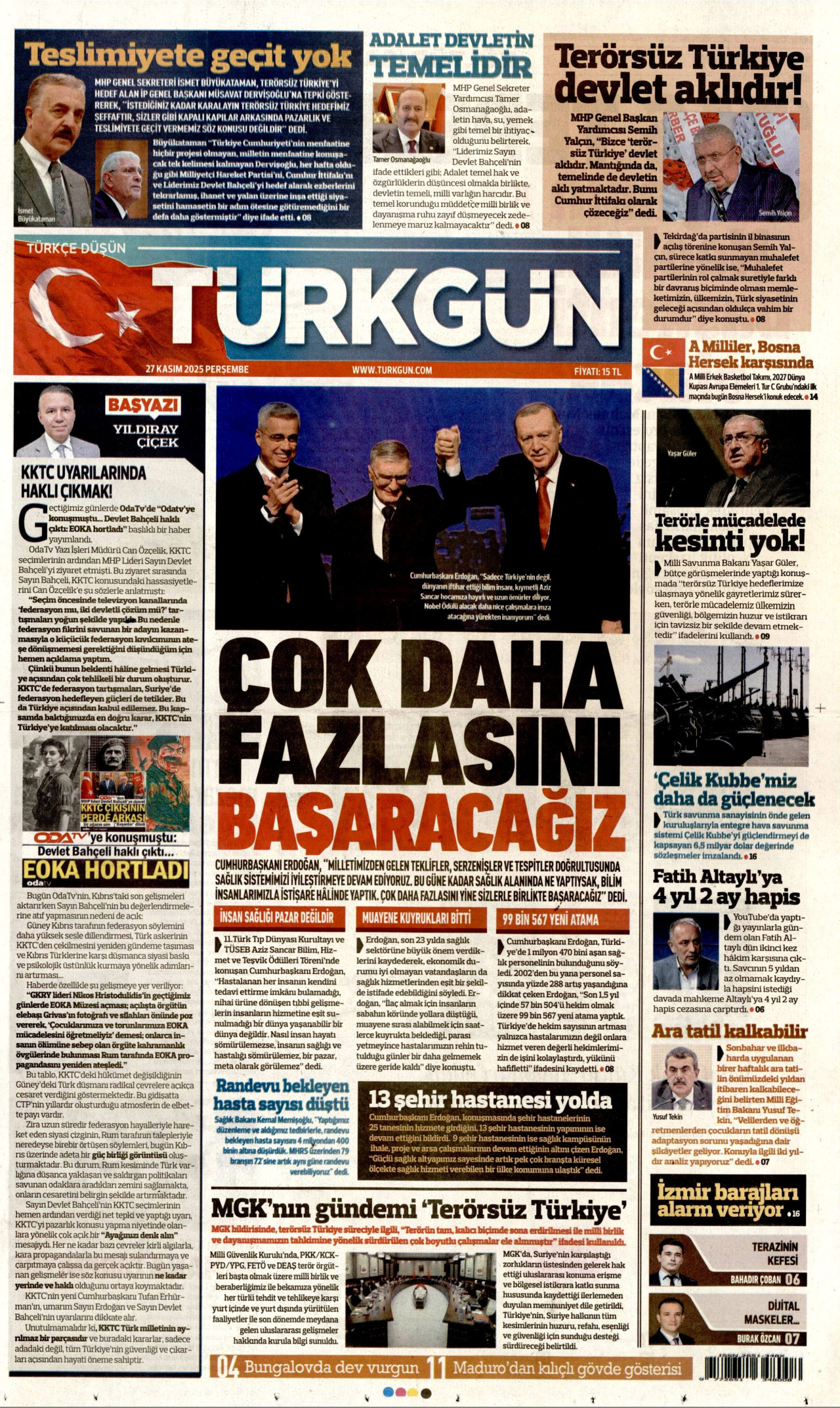 TÜRKGÜN gazetesinin 27 Kasım 2025 tarihli birinci sayfası