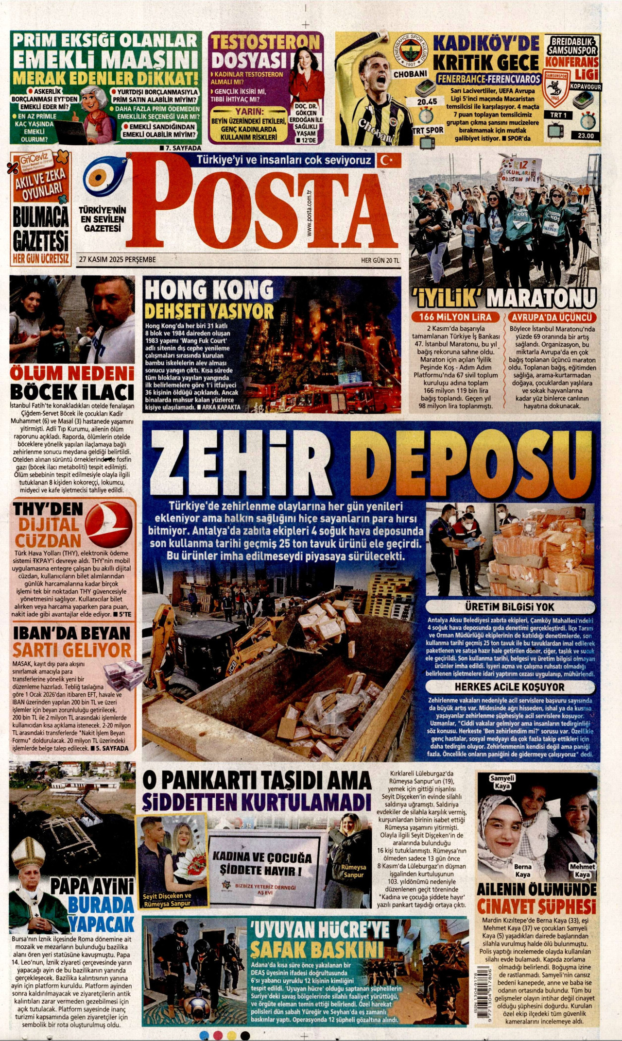 POSTA gazetesinin 27 Kasım 2025 tarihli birinci sayfası