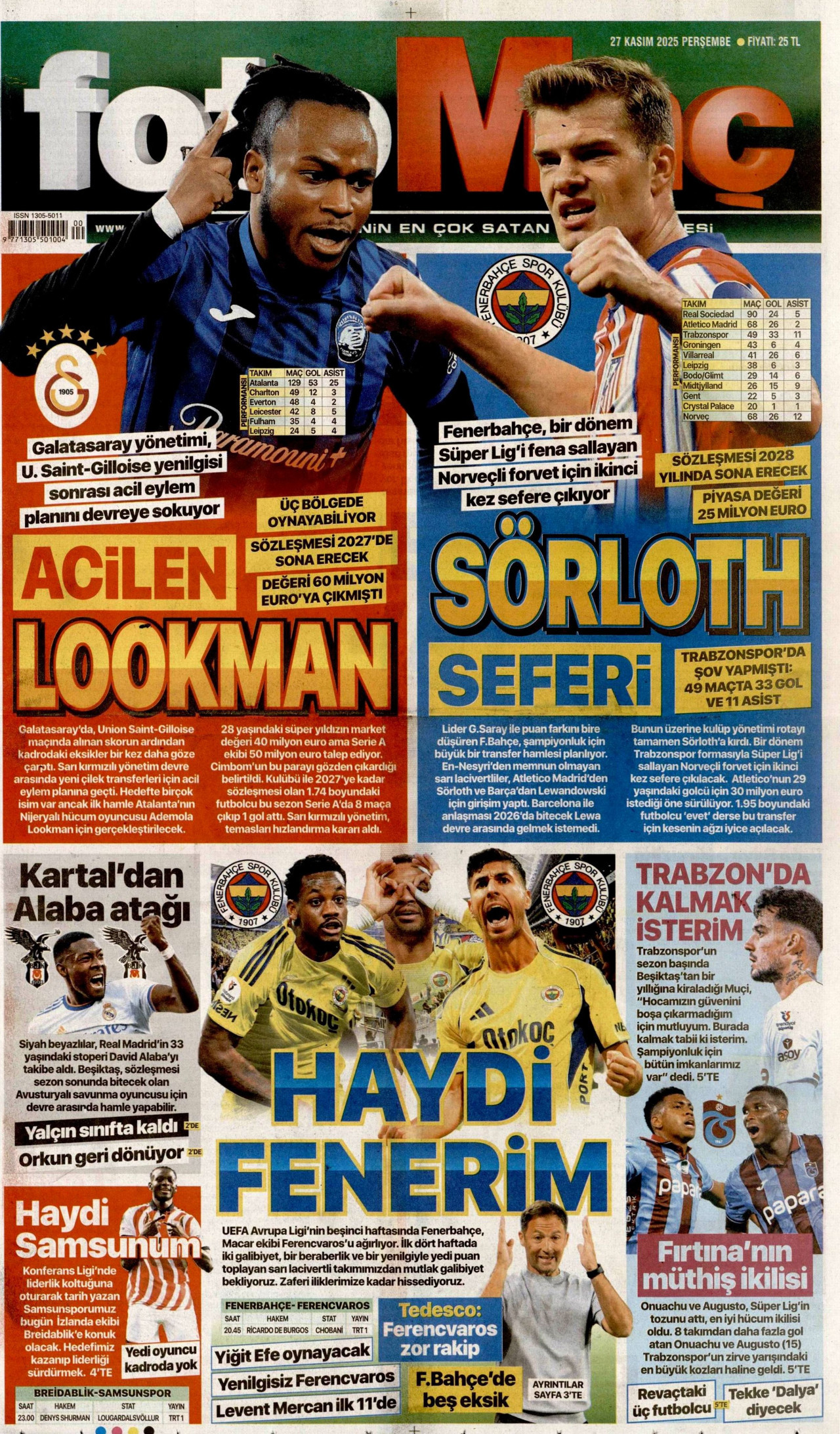 FOTOMAÇ gazetesinin 27 Kasım 2025 tarihli birinci sayfası
