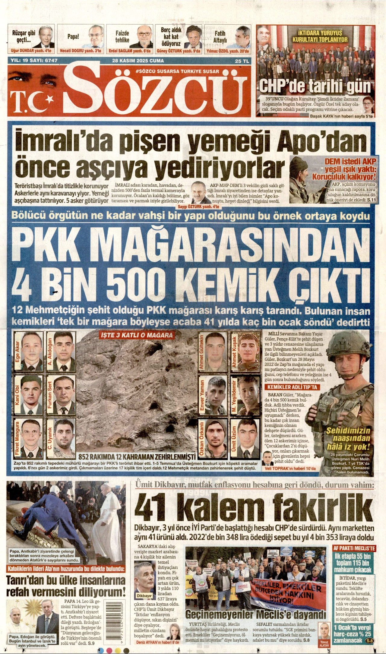 SÖZCÜ gazetesinin 28 Kasım 2025 tarihli birinci sayfası