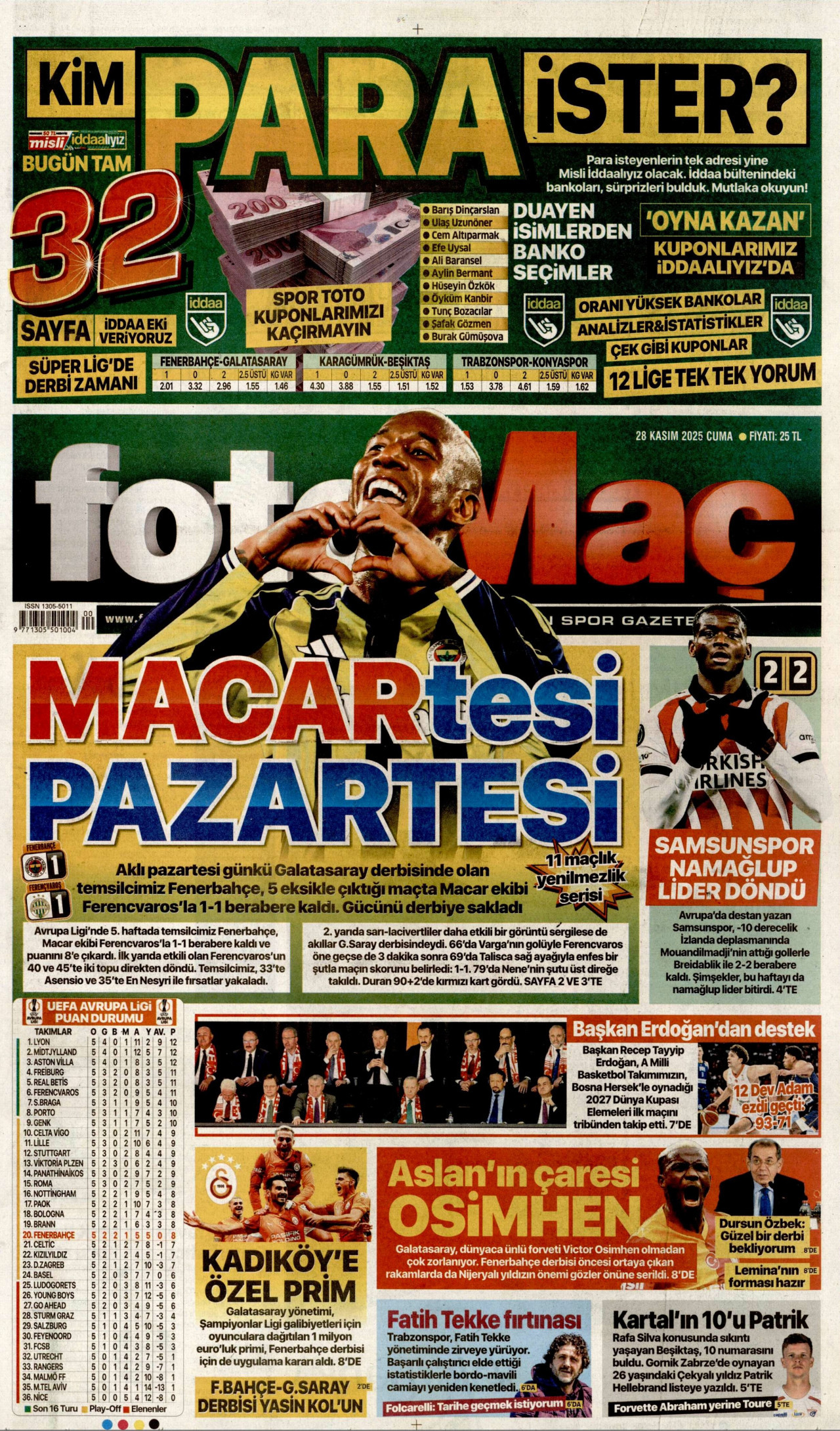 FOTOMAÇ gazetesinin 28 Kasım 2025 tarihli birinci sayfası