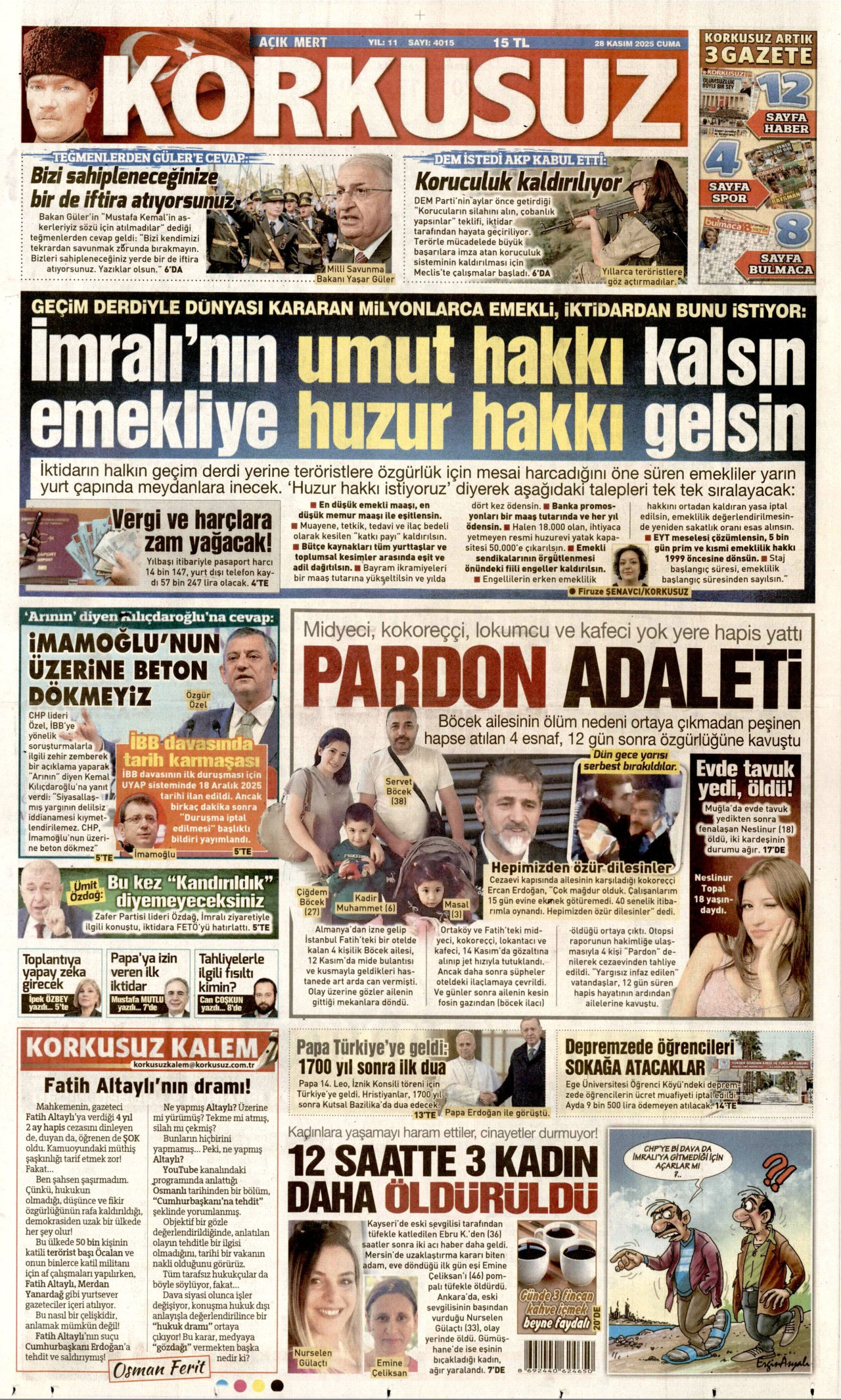 KORKUSUZ gazetesinin 28 Kasım 2025 tarihli birinci sayfası