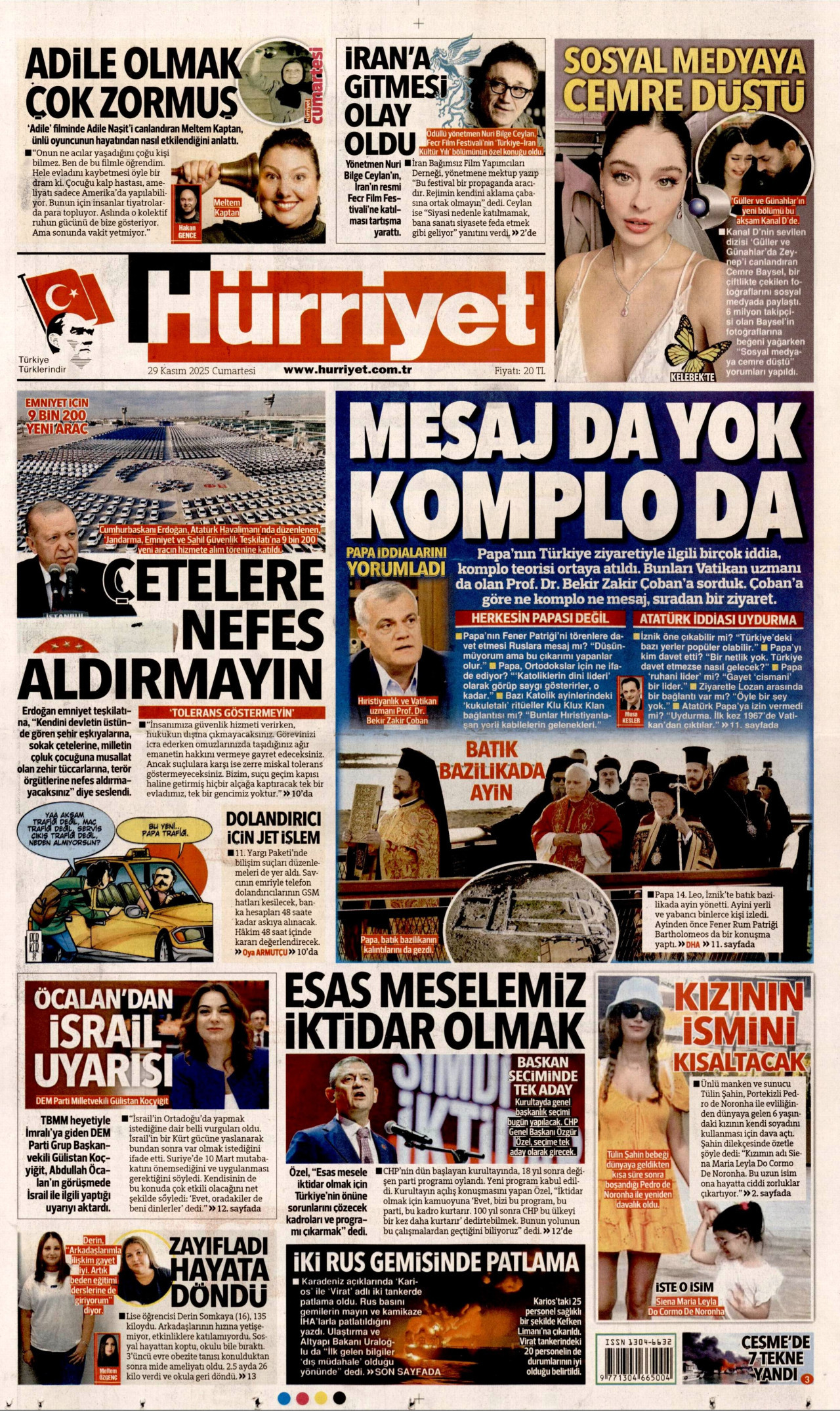 HÜRRİYET gazetesinin 29 Kasım 2025 tarihli birinci sayfası